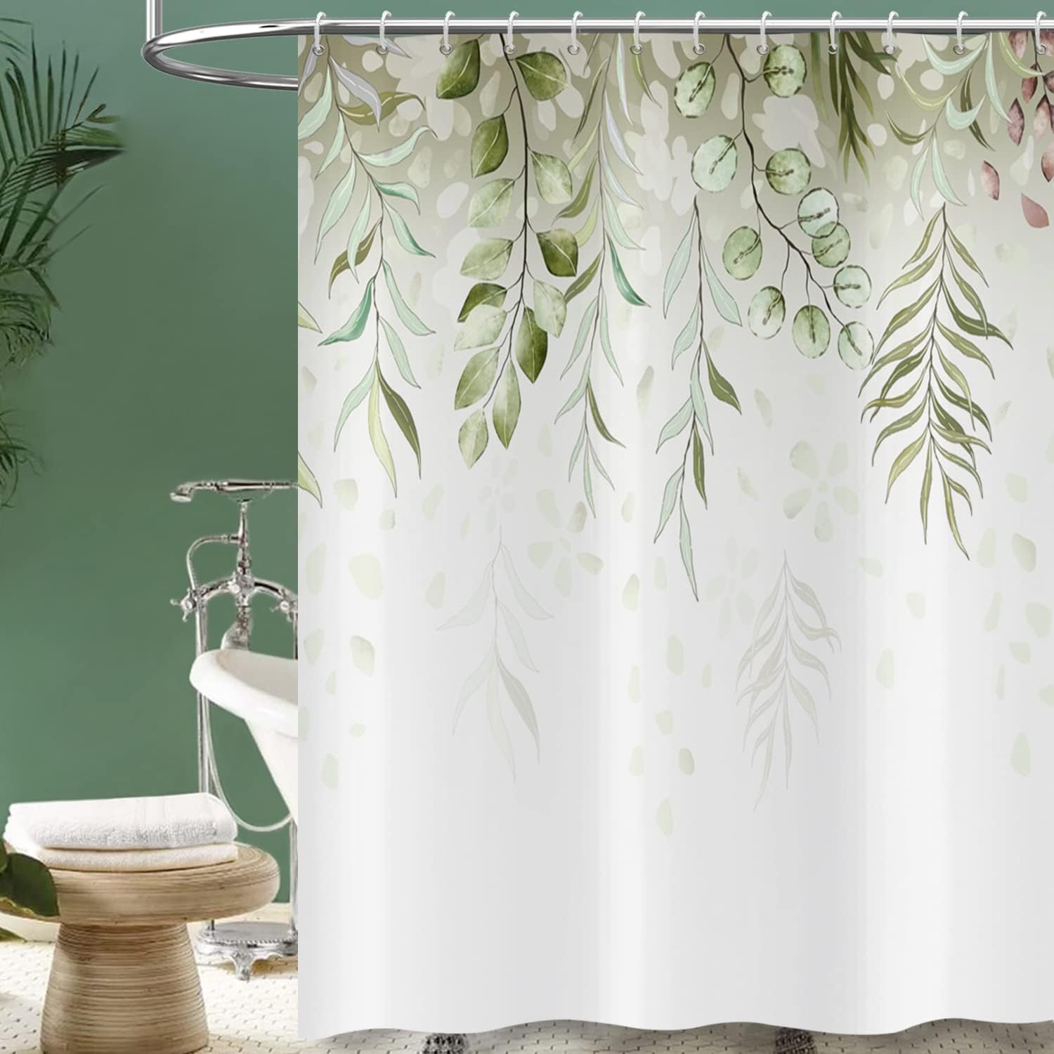 CRTPOD Eucalyptus Shower Curtain Sage Green Plant Leaves