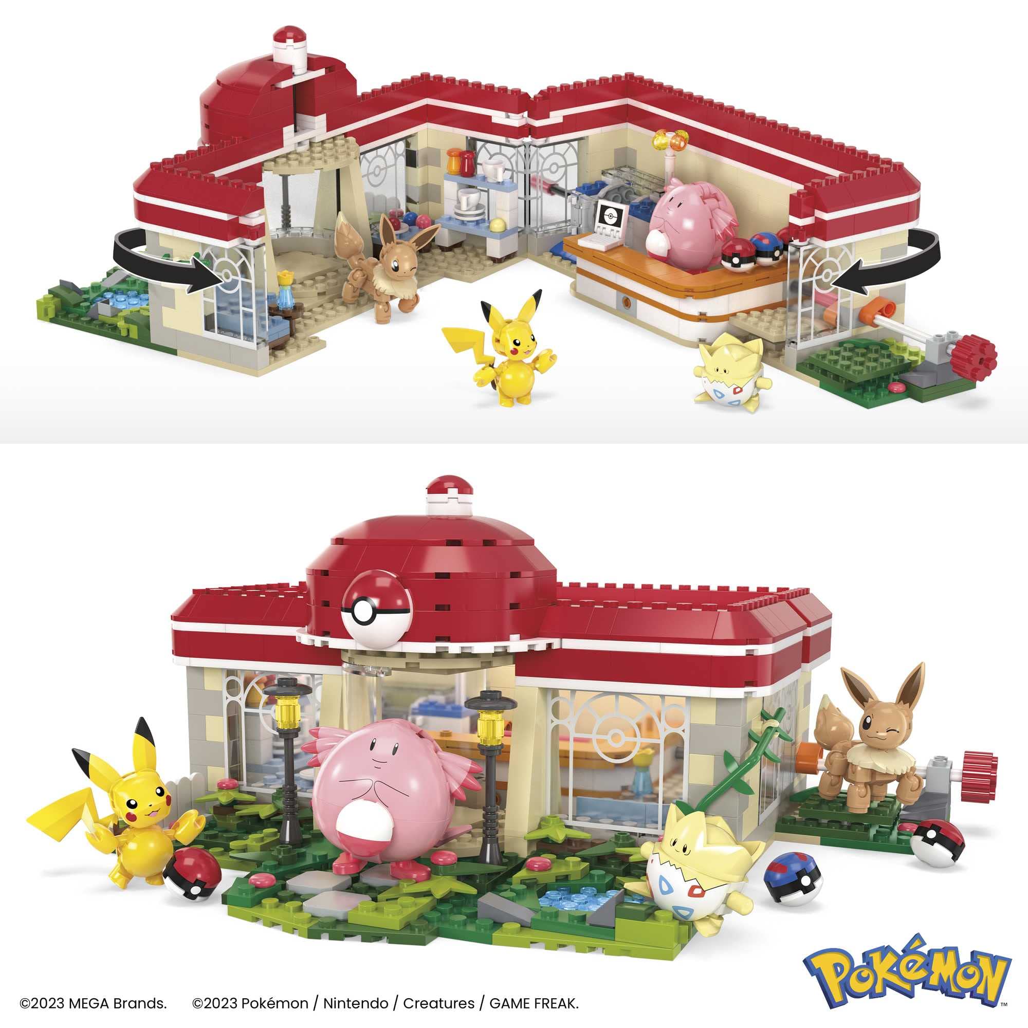 MEGA Pokémon - Centro Pokémon, set da costruire con 648 pezzi e sistema Mattoncino movimento, include Pikachu, Chansey, Evee e Togepi, giocattolo per bambini, 8+ anni, HNT93