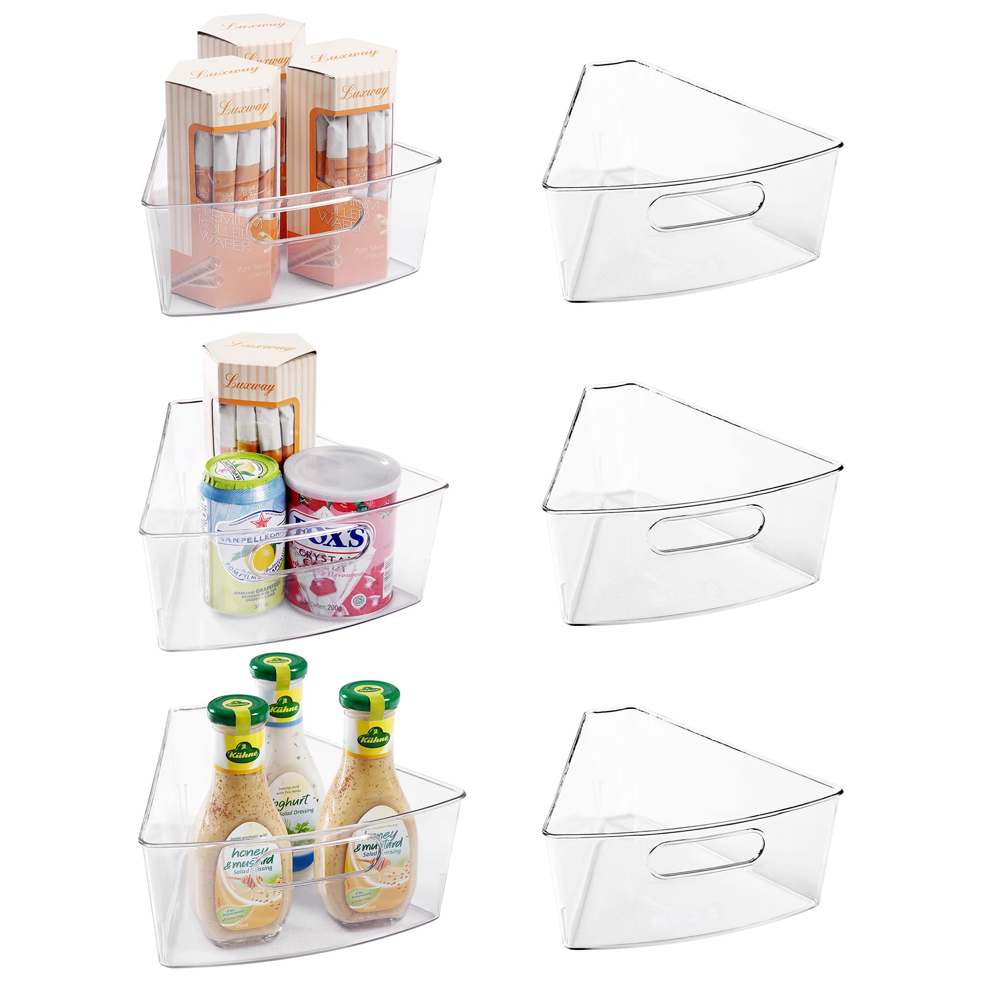 Oubonun Lazy Susan Organizers Set of 6, 10.2”x 9.4”x 4” Plastic Transparent Kitchen Cabinet Storage Bins with Handle, 4