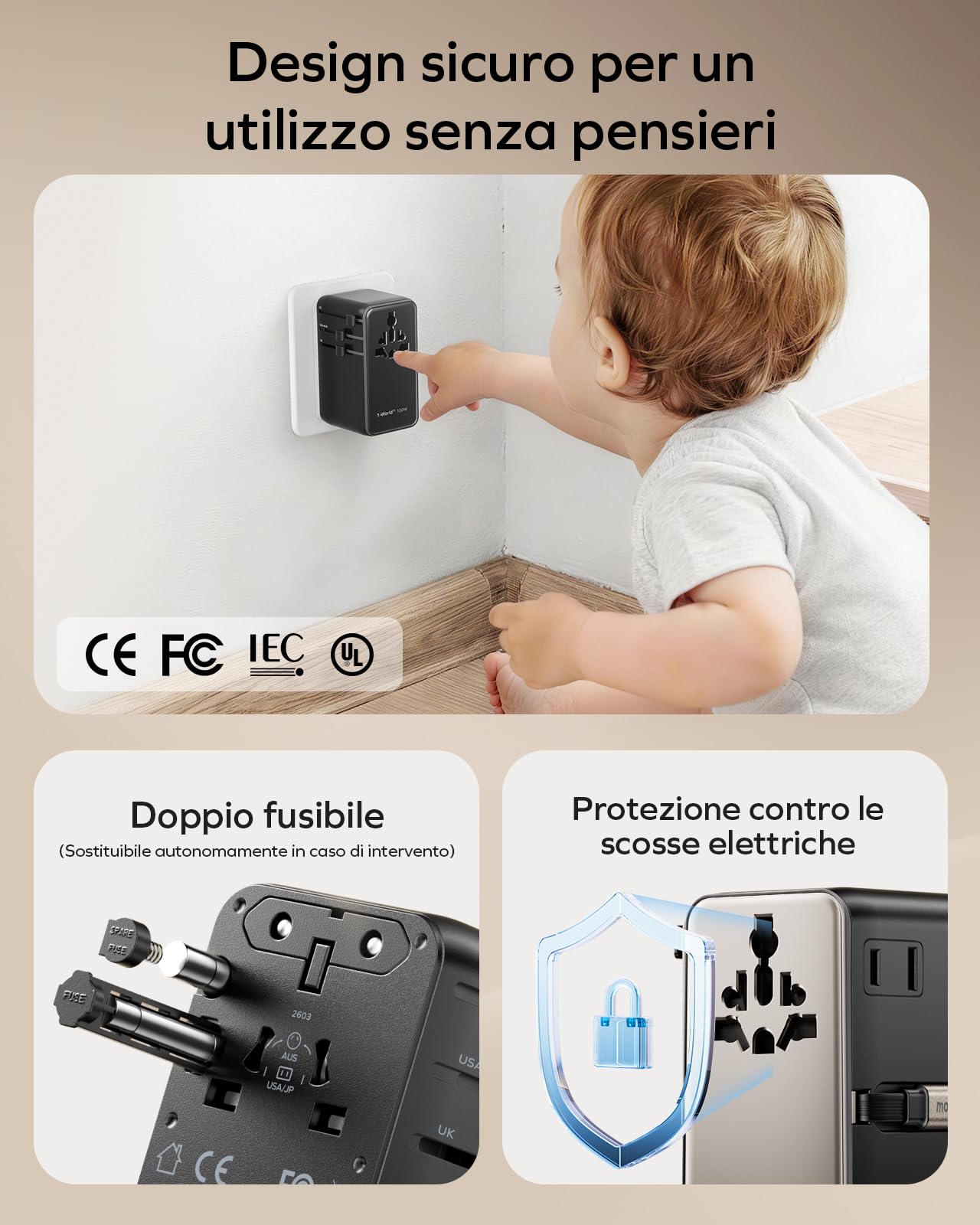 MOMAX Adattatore da viaggio universale da 100 W con cavo estensibile, spina da viaggio universale con 2 prese CA, 3 porte USB C e 1 porte USB A, adattatore da viaggio internazionale - Nero