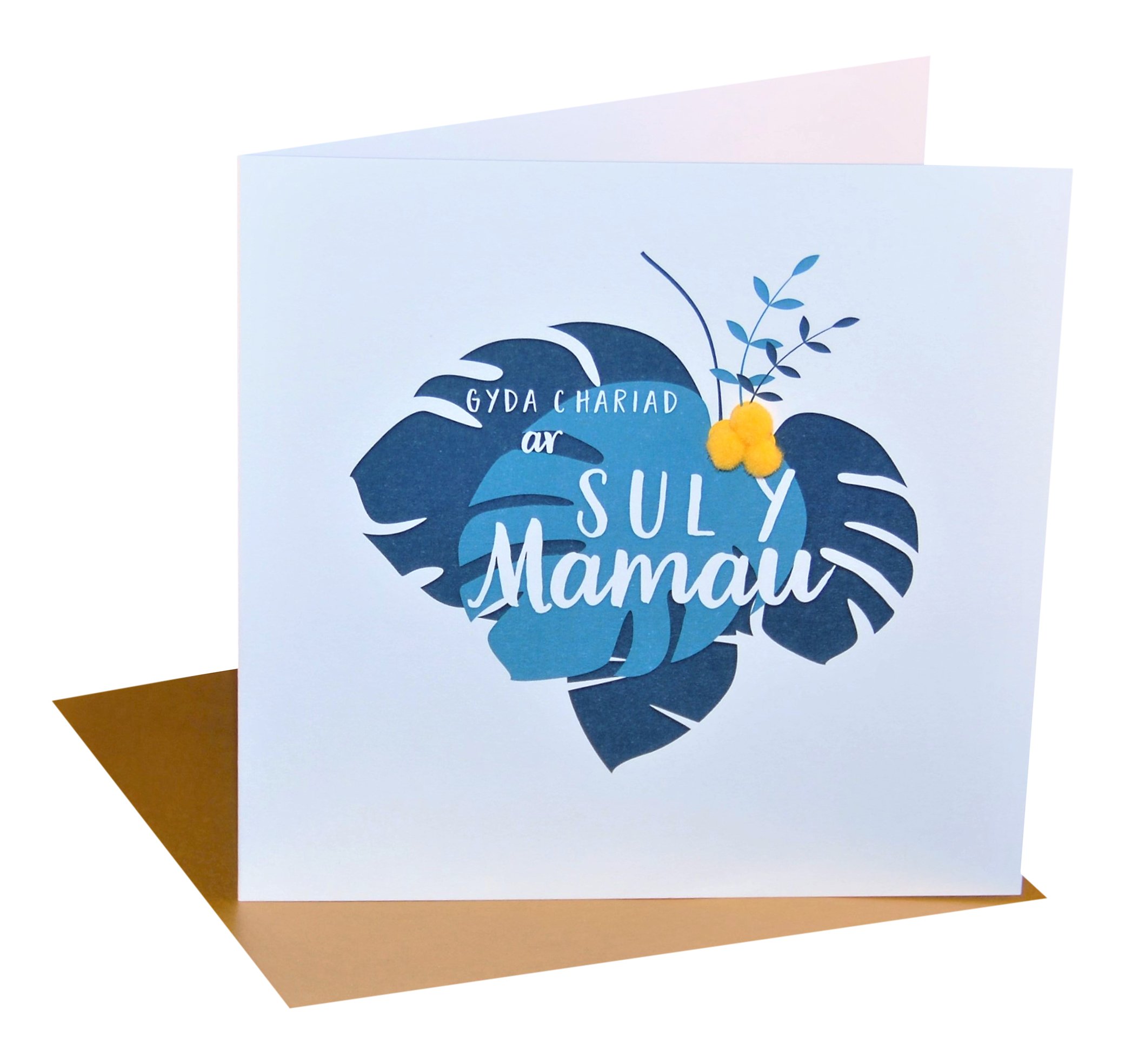 Claire Giles Greeting Cards, Welsh Happy Mother's Day Card, Sul y Mamau Hapus, Tropical Leaves Design Mothering Sunday Card, Pompom Embellished
