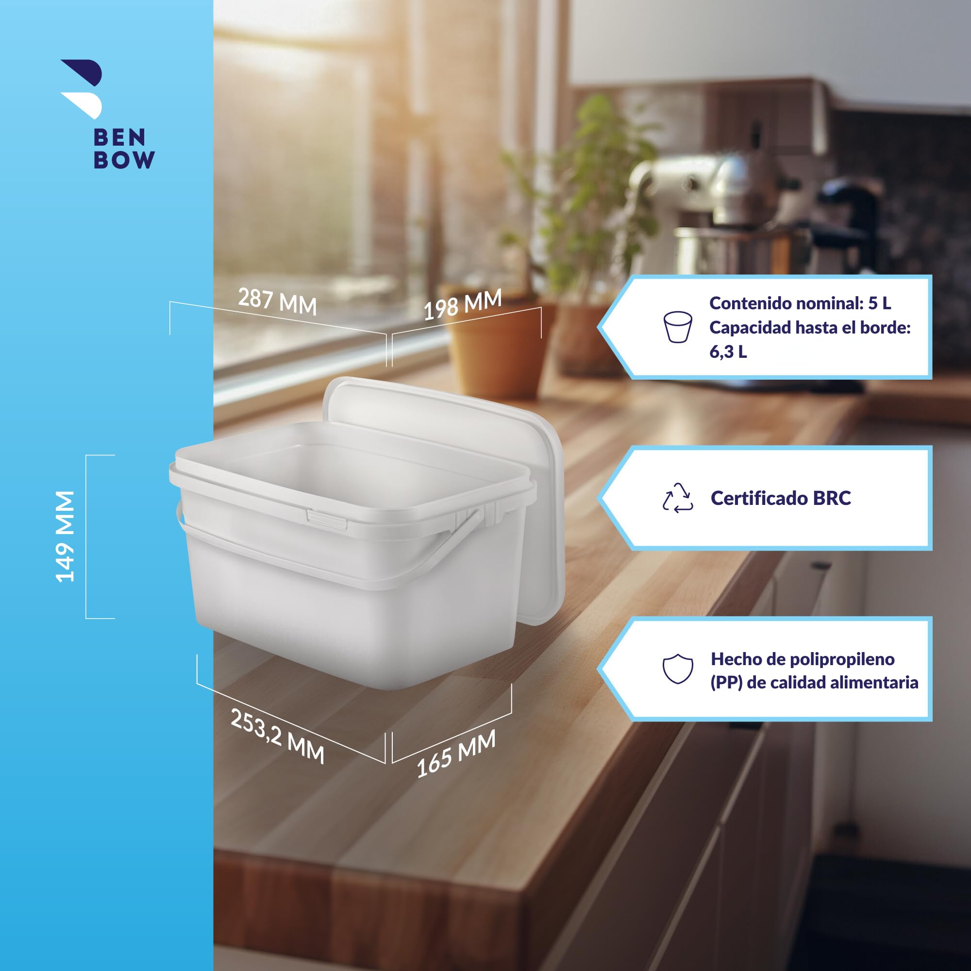 BenBow Cubo Rectangular con Tapa 100x 5l Blanco - Apto para Contacto con Alimentos, Caja de plástico apilable con asa - vacío