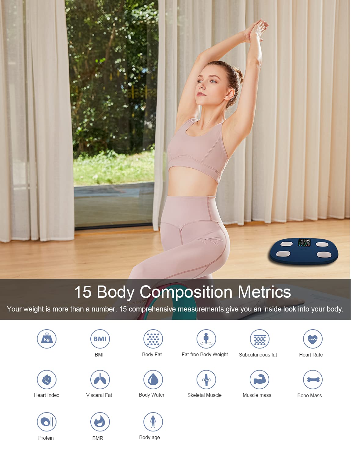 Pèse Personne Impédancemètre, Balance Connectée Bluetooth, Pèse-Personne avec 15 Données Corporelles y compris Fréquence Cardiaque, 7 Données Affichées sur Extra Grand Écran VA, App pour Smartphone