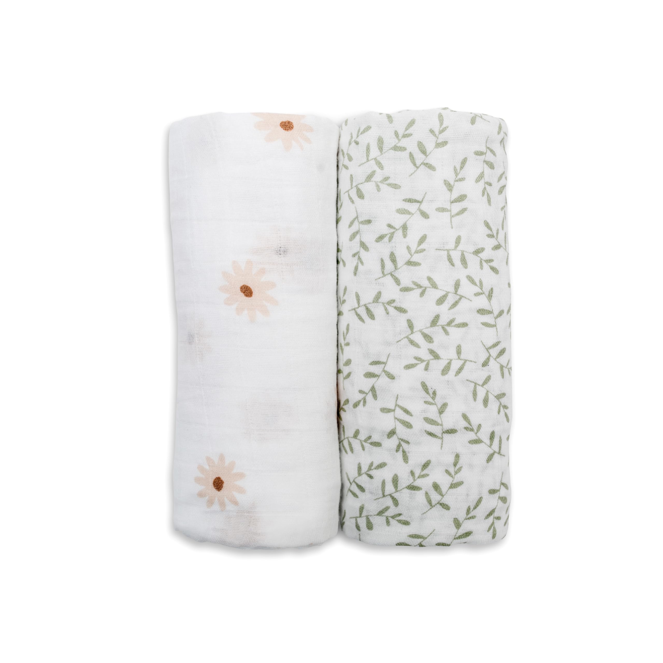 Lulujo Baby Swaddle Blankets | Unisex Softest Breathable Cotton Muslin Swaddle Blanket Set | Neutral Receiving Blanket for Girls & Boys | 40in x 40in | Daisies & Greenery | 2-Count