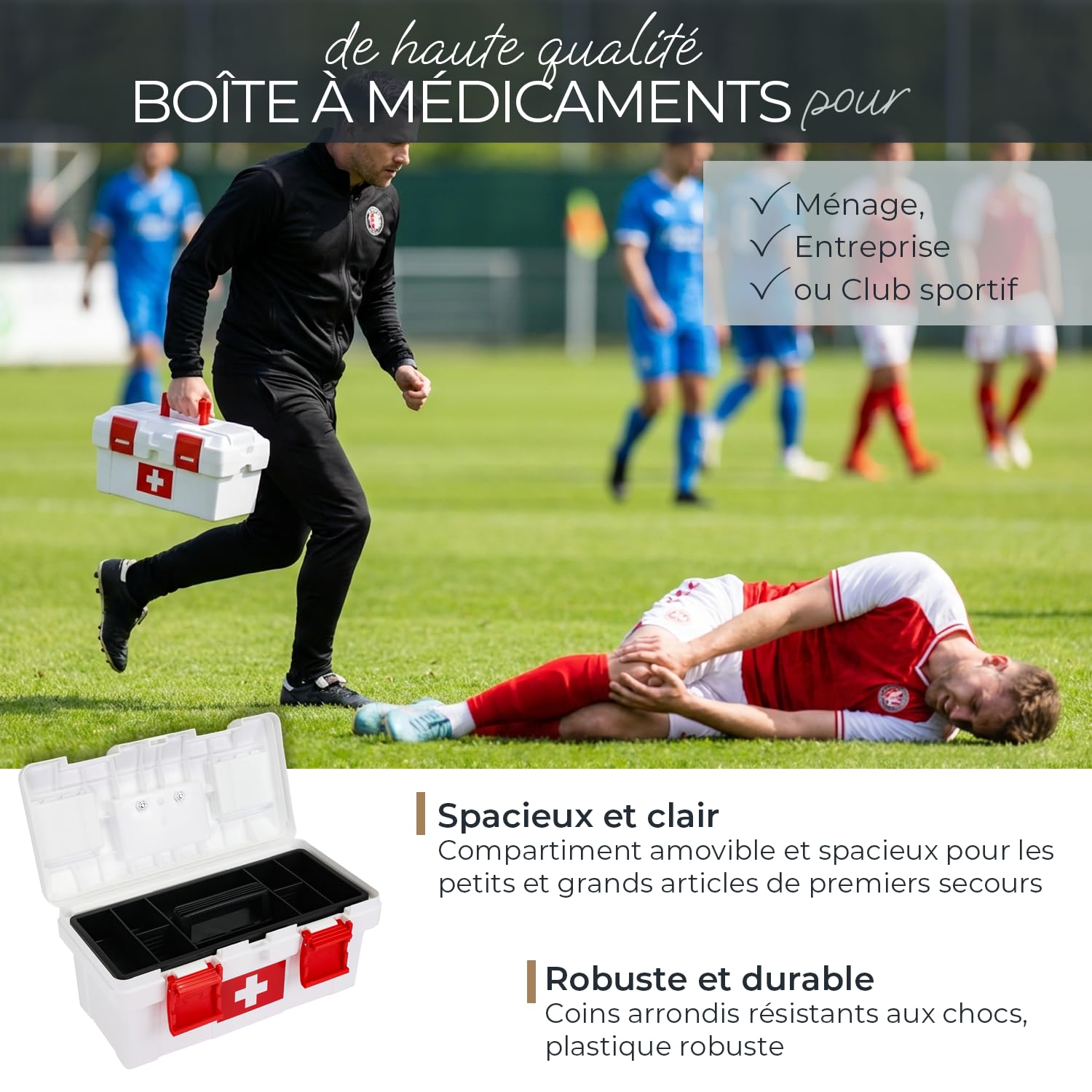 HMF Boîte à pharmacie vide pour les premiers secours pour club de sport, entreprise ou maison | 37 x 20 x 18,5 cm | Blanc/rouge