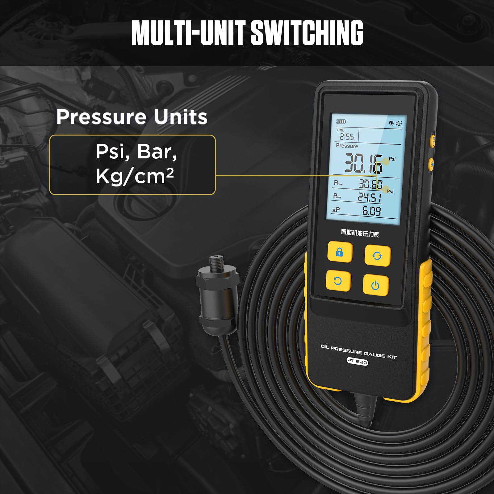 PT620 Digitales Öldruckmessgerät Kit, 0-426,6 PSI Motor-Öldruckprüfer mit 2,8 Zoll beleuchtetem LCD, Mehrfach-Umschaltung, 17 Kupfer-Adapter für Auto LKW Motorrad
