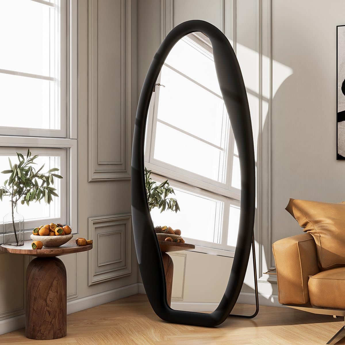 BEAUTYPEAK 63"x24" Irregular Full Body Mirror, Full Length Freely Standing Mirror, Flannel Wave Floor Mirror with Stand for Living Room, Bedroom, Hanging or Against The Wall, Black
