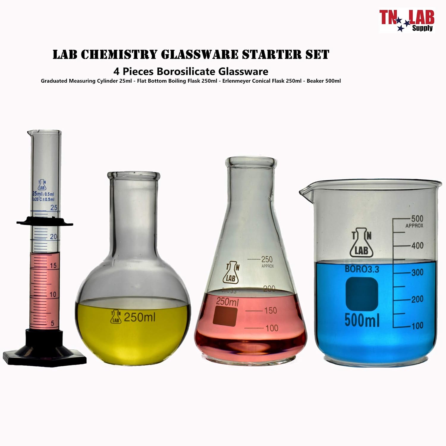 TN Lab Chemistry Borosilicate Glass Glassware Kit 4-Piece Set with Beakers Flask Cylinder