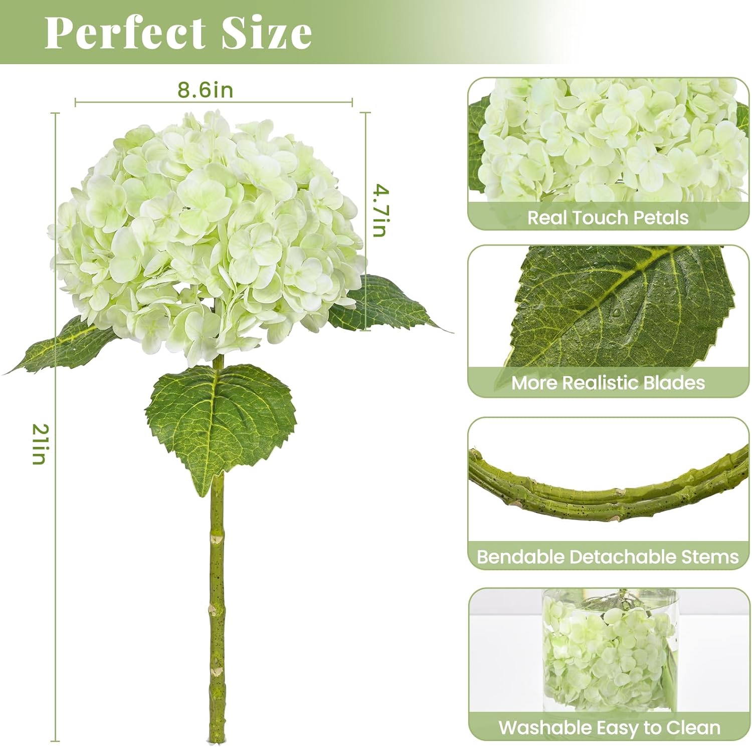MARTINE MALL 4Pcs 21in Hydrangea Artificial Flowers, Latex Real Touch Hydrangeas Lifelike Large Hydrangea Flowers for Home Decor Party Arrangements Wedding Bouquets Centerpieces (2White&2Light Green) - Image 5