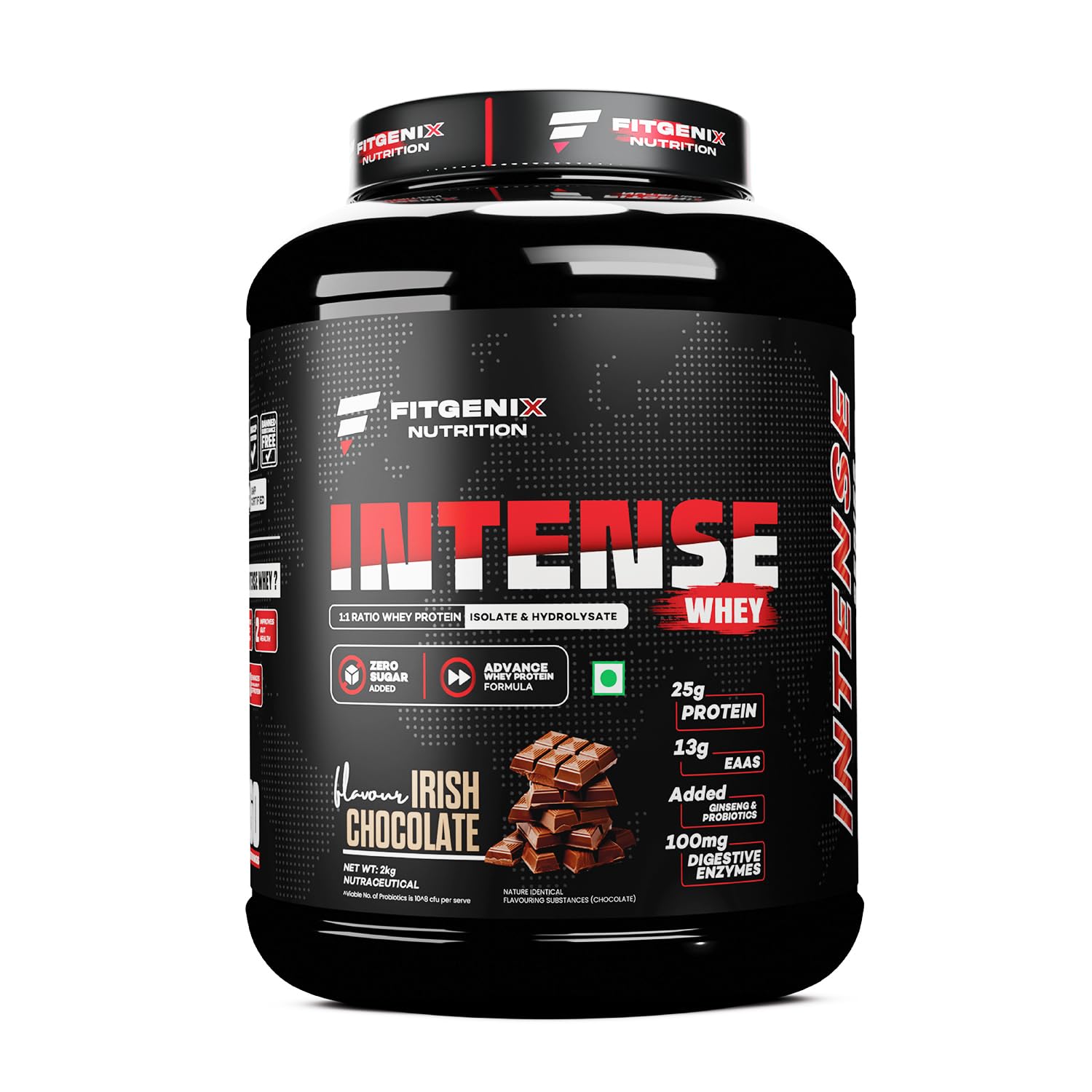 Intense Whey 1:1 Ratio Whey Protein Powder Isolate & Hydrolysate | 2Kg 60 Serving | 25g Protein 13g EAA | 100mg Digestive Enzymes | Advance Whey Protein Powder (Irish Chocolate)