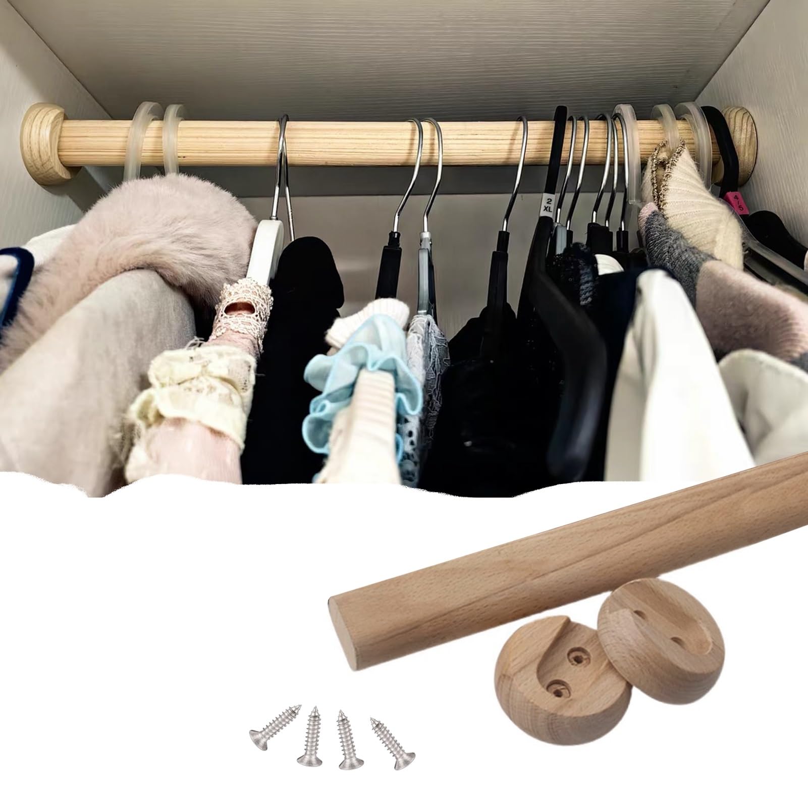 Wardrobe Rail Wood Closet Hanging Rod with Screw ＆ End Caps, 40 50 60 70 80 90 100 110cm Long Clothes Storage Poles, Wardrobe Heavy Clothes Bracket Kit, Load Capacity 88 Lbs(70cm (27 1/2"))