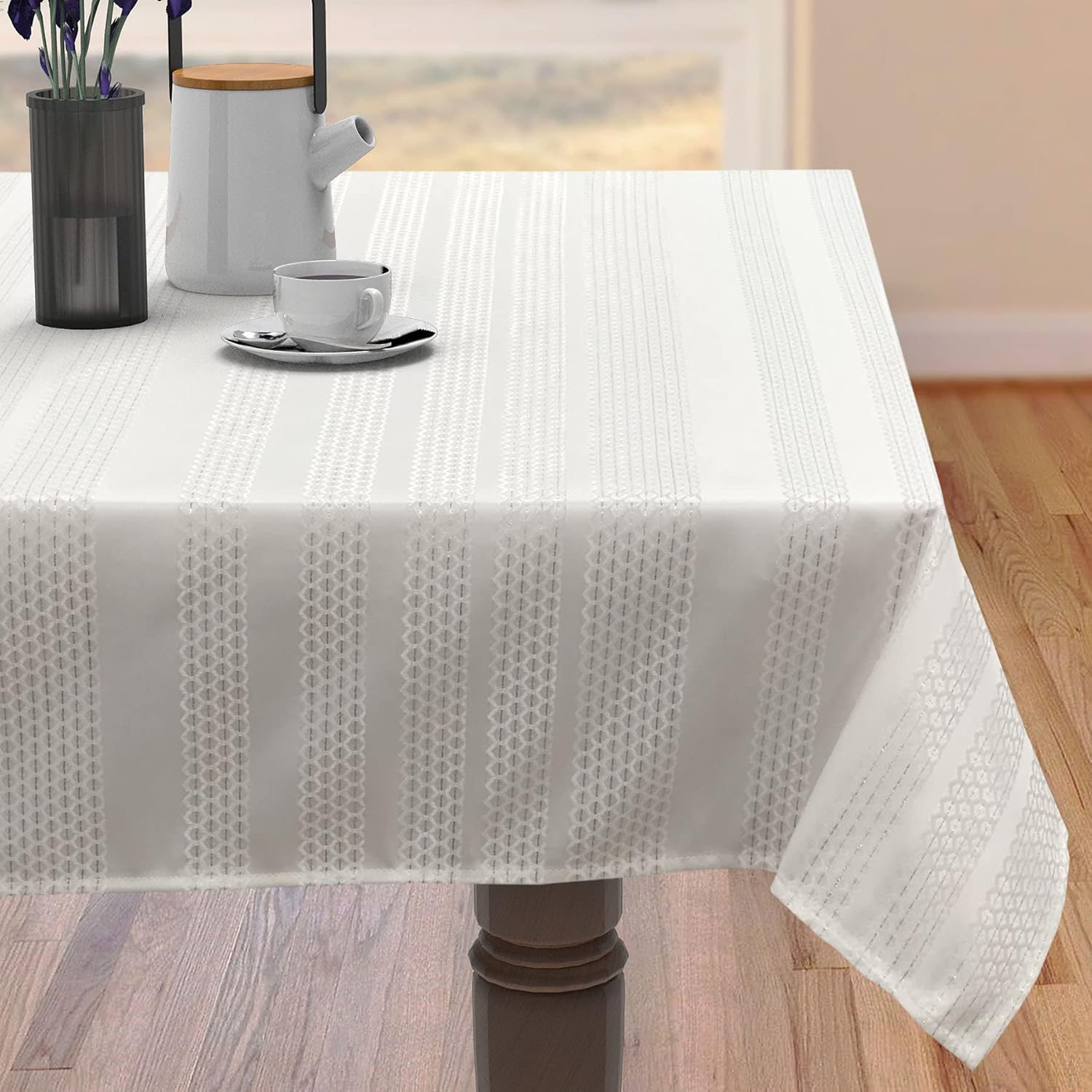 CAIT CHAPMAN HOME COLLECTION Shimmering Yarn Dyed Metallic Jacquard Woven Table Linen (60"x120" Tablecloth, Stripe)