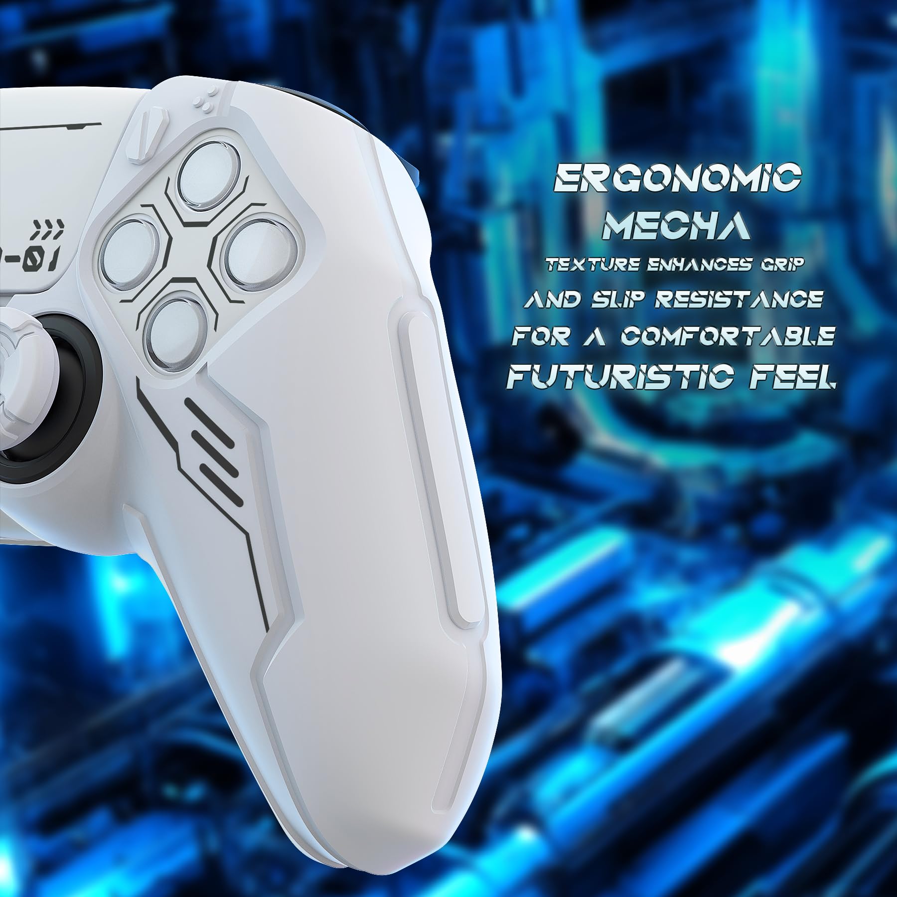 playvital Cover Controller per ps5 Joystick Custodia Silicone Skin Antiscivolo Grip Ergonomico, 2 Copri Analogici e 6 Adesivi, Adatto per Stazione di Ricarica, Mecha-Bianco
