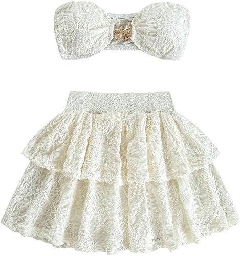 OYOANGLE Women's 2 Piece Skirt Set Metal Starfish Bandeau Top and Layered Ruffle