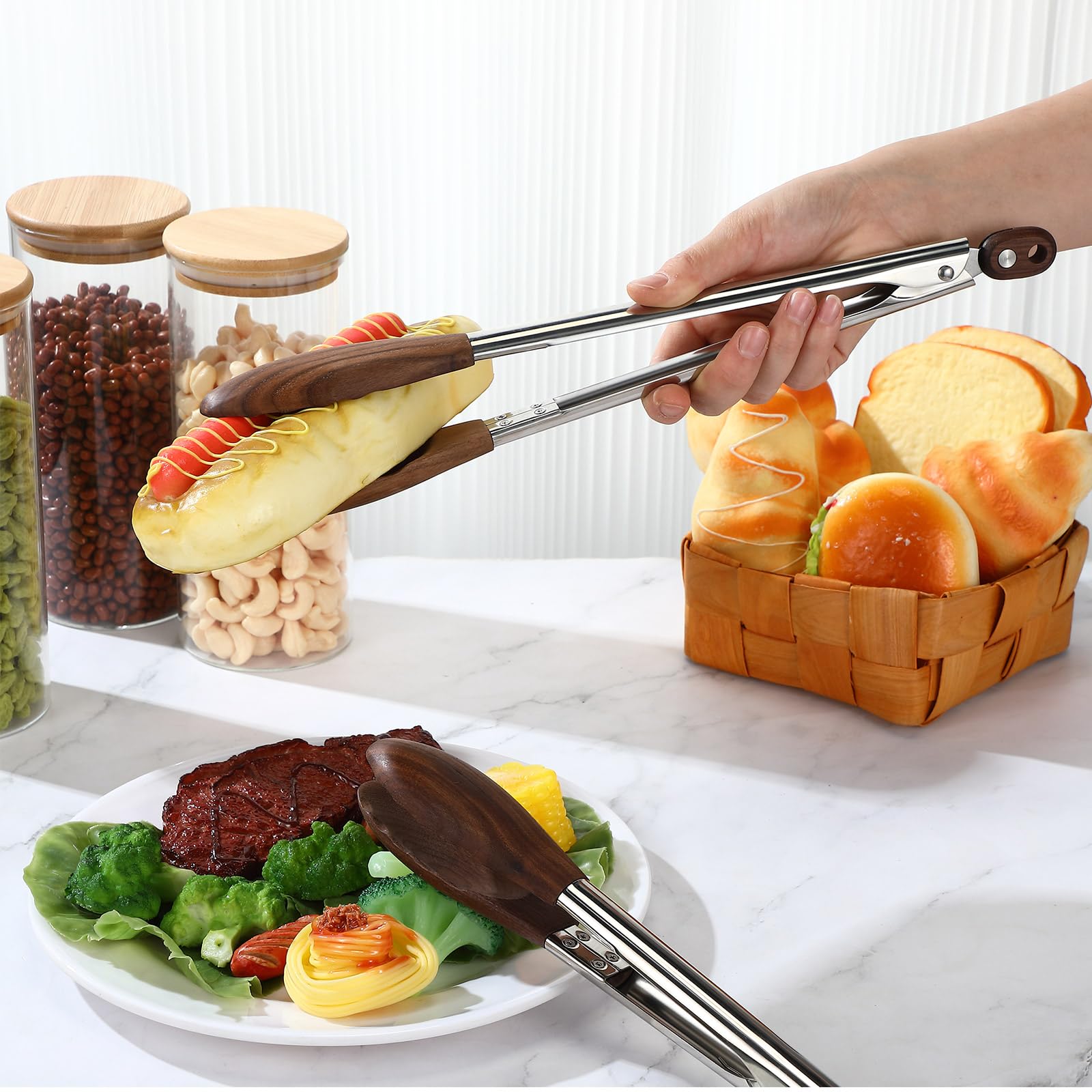 Baderke Juego de 2 pinzas de cocina de madera de nogal para cocinar, pinzas de ensalada con puntas de madera para servir ensaladas, hamburguesas y mucho más, juego de 2, 11.4 pulgadas y 14.6 pulgadas