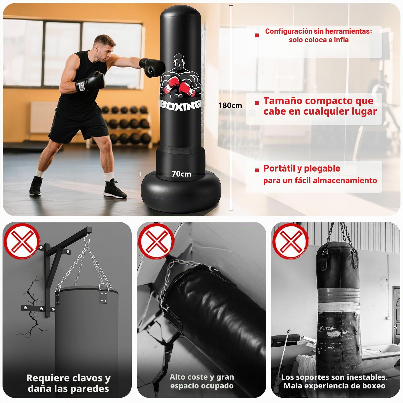 Qoosea Saco de Boxeo Adulto, 180cm Bolsa de Boxeo Inflable de Pie con Guantes, Mujeres Hombres Stand Kickboxing Bolsas, Punching Ball Estable para Karate MMA Taekwondo Thai Fitness