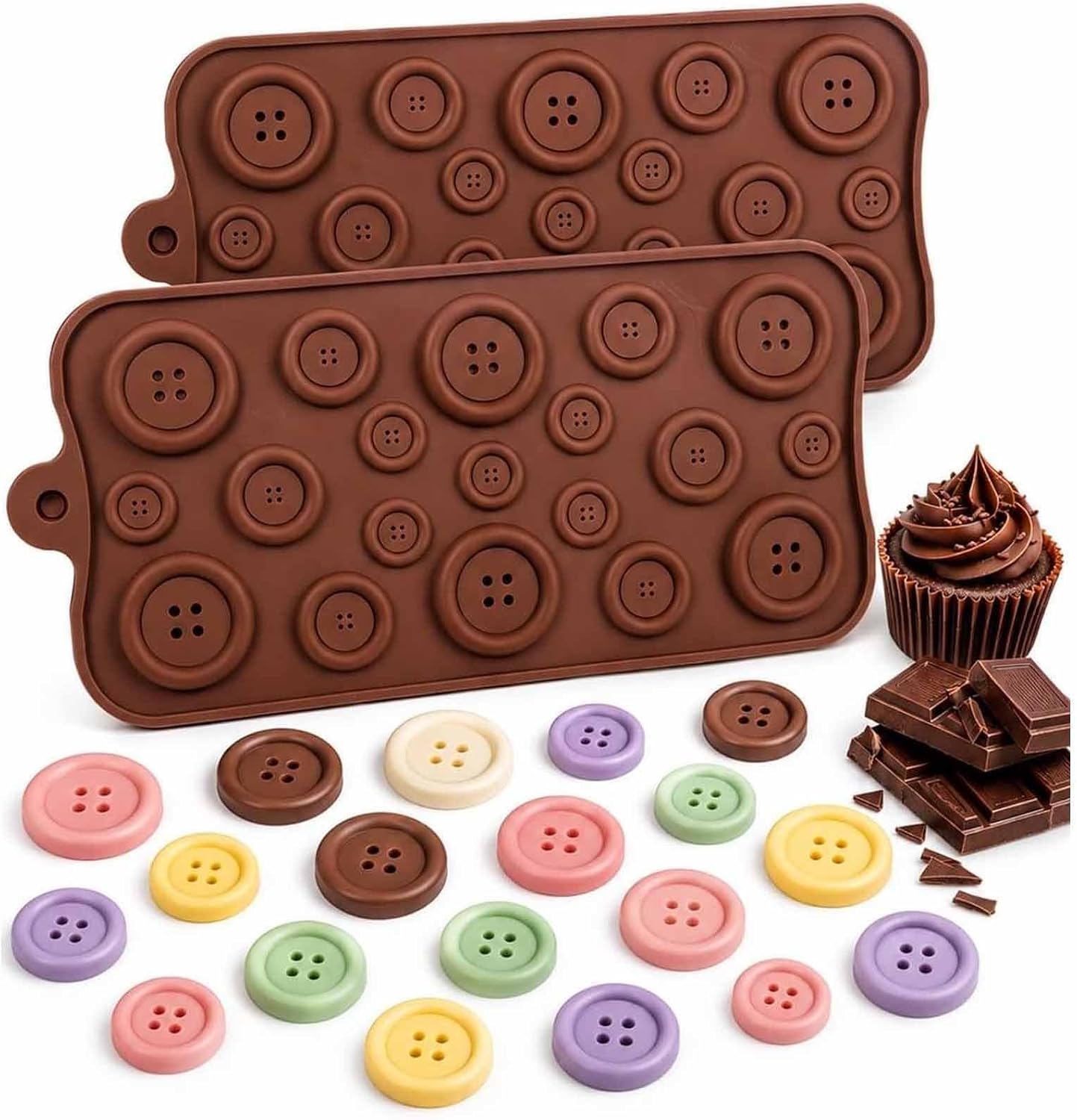 2 Pack Button Chocolate Mold Silicone Molds 19 Cavity 4 Hole Candy Form for Cakes, 3 Sizes with Raised Rims for Cupcakes Cookies Birthdays Parties DIY Treats