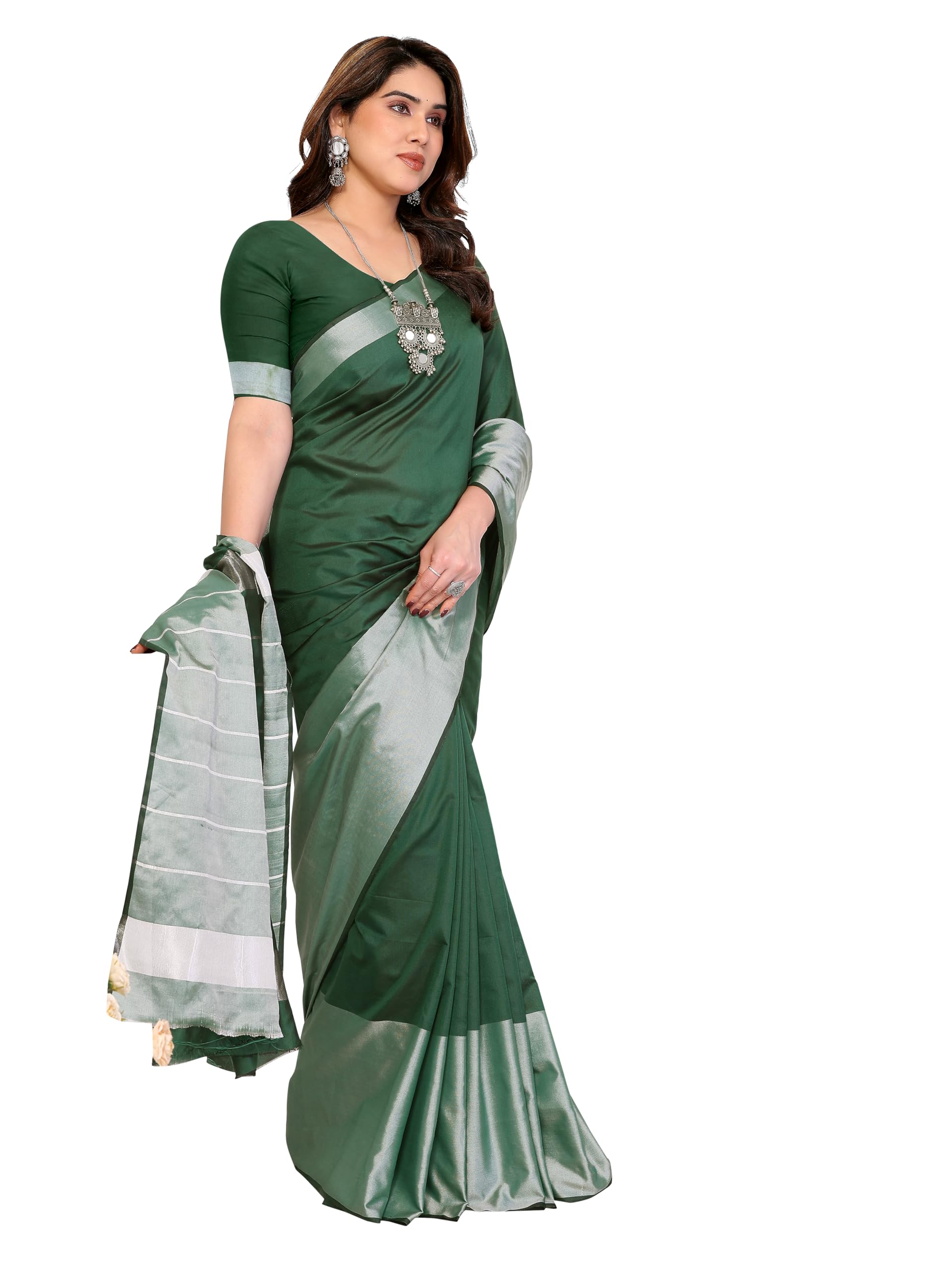 Women Solid Silk Blend Zari Weaving Border Saree With Unstitched Blouse Piece-image-7