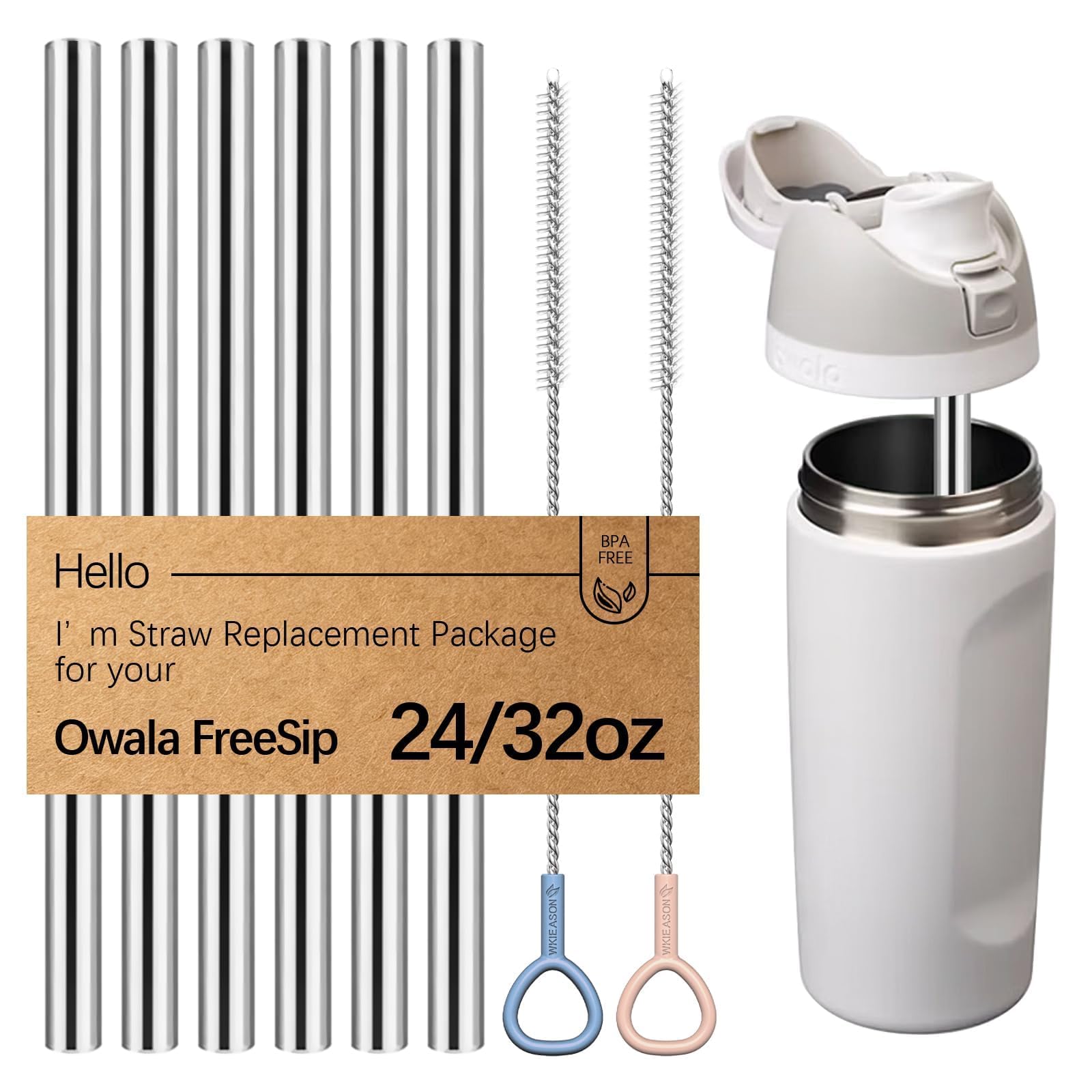 WK ieason 6PCS Reusable Straws for Owala FreeSip/Flip 24oz 32oz, Stainless Steel Straw As Owala Straw Replacement with 2PCS Cleaner Brushes — image 1