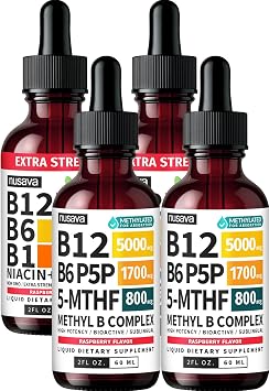 NUSAVA 2-Pack Methylated B Complex Liquid Drops Raspberry and Liquid Vitamin B12 Drops Raspberry Flavor - Active Methylfolate and B12 Vitamin Sublingual Support for Targeted Daily Wellness