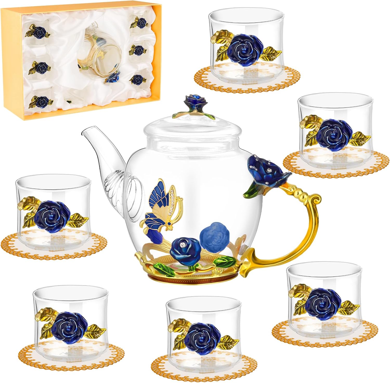 7 Pcs Floral Glass Tea Set for Women, Vintage Flower Teapot Set with Gift Box, Glasses Tea Kettle Set, Glass Teapot Fancy Tea Cup with Coasters for Kitchen Family Gathering Home Party(Blue)