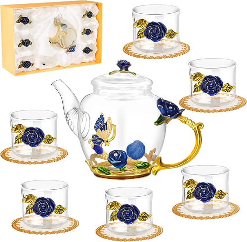 7 Pcs Floral Glass Tea Set for Women, Vintage Flower