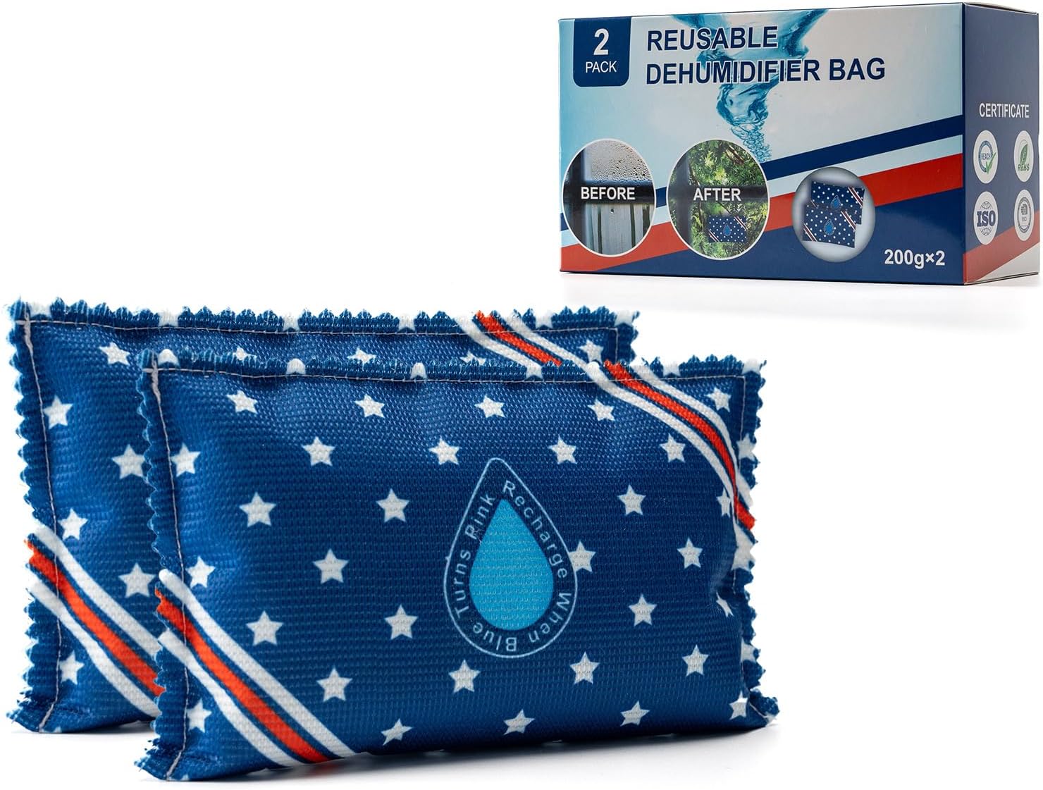 Rechargeable Dehumidifier Bags (2 x 200g) Microwave Reactivated Silica Gel Desiccant Window Condensation Absorber Reusable Moisture Absorbers for Car, Gun Safe, Closet, Garage Storage