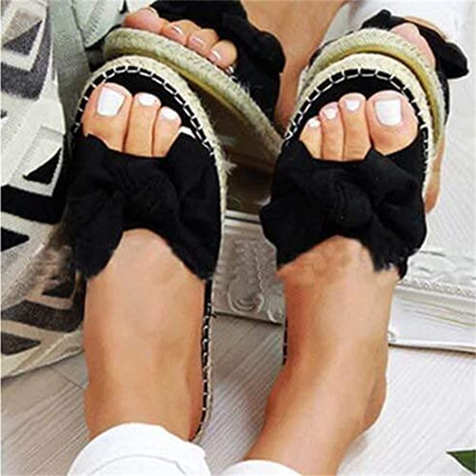 OMIREL Womens Espadrilles Slip on Wedge Sandals Slides Knot Bow Platform  Open Toe Summer Mules Shoes Orthopedic Walking Slippers with Arch Support  ...