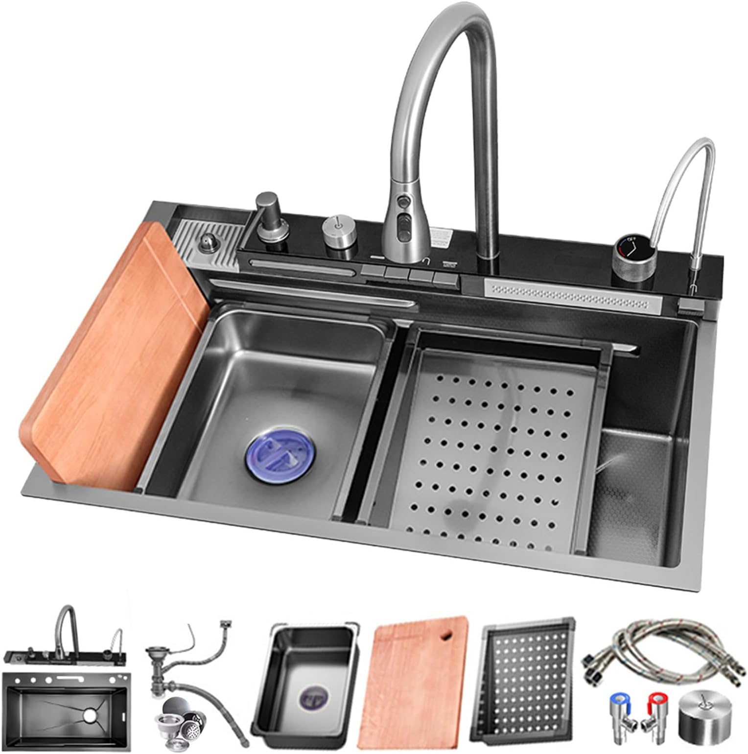 Stainless Steel Workstation, Kitchen Sink Integrated Workstation with LED Temperature Display, Full Accessory Pack and Elegant Piano Switch Control (Color : Black, S: 75x45cm)