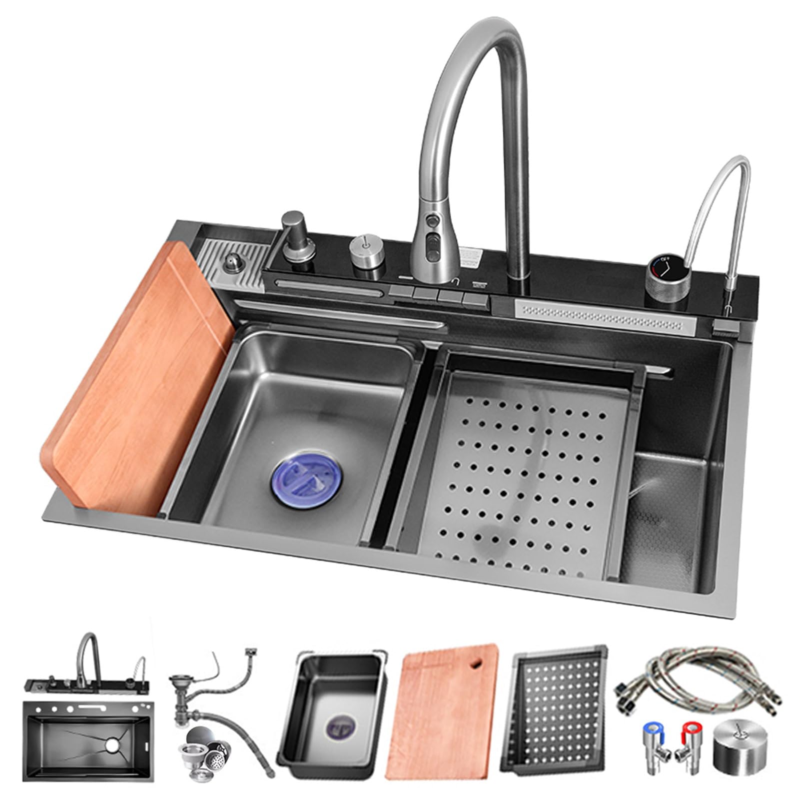 Stainless Steel Workstation, Kitchen Sink Integrated Workstation with LED Temperature Display, Full Accessory Pack and Elegant Piano Switch Control (Color : Black, S: 75x45cm)
