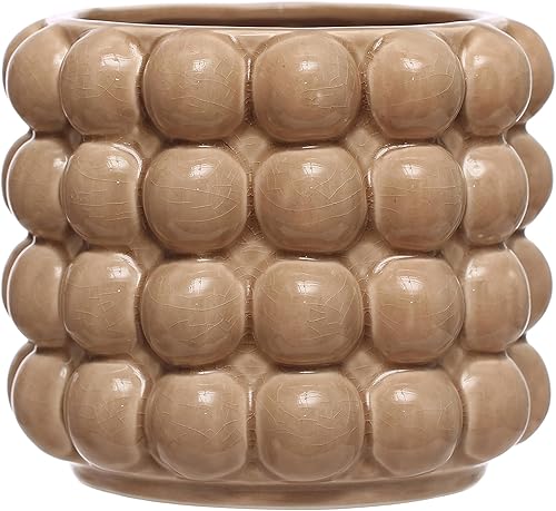 Creative Co-Op 6 Inches Round Stoneware Raised Dots, Holds 4 Inches Pot, Tan Planter