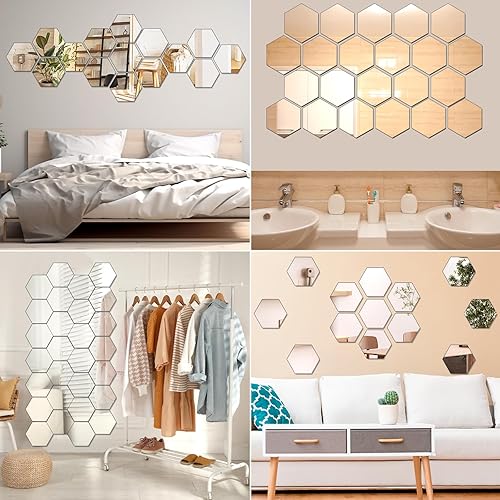 Miniatura 3 de Queekay 24 calcomanías de acrílico hexagonales para espejo de pared, espejo hexagonal autoadhesivo de 0.079 pulgadas de grosor, espejos para bodas,