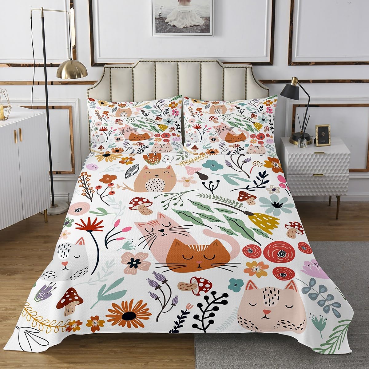 Homewish Couvre-lit 240x220 Chat de Dessin Animé pour Enfants Filles Garçons, Dessus de lit Feuilles Fleurs, Couverture de lit Animaux Mignons Chatons, Décoration de Chambre Kawaii