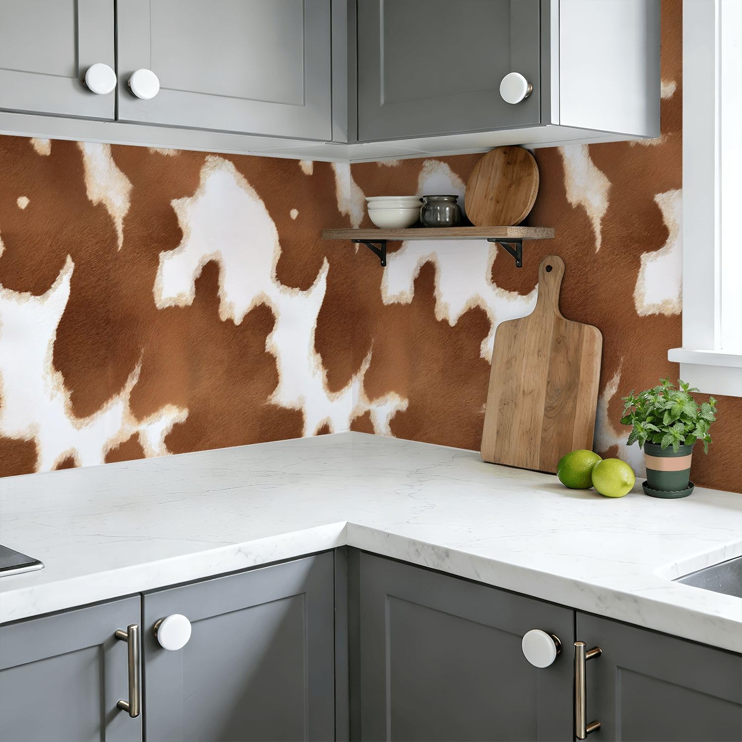 Rivestimento per mensole e armadietti, in pelle bovina marrone, bianco, forme organiche, texture morbida, autoadesivo, 45 cm x 3 m, carta da parati per armadi da cucina e cassetti