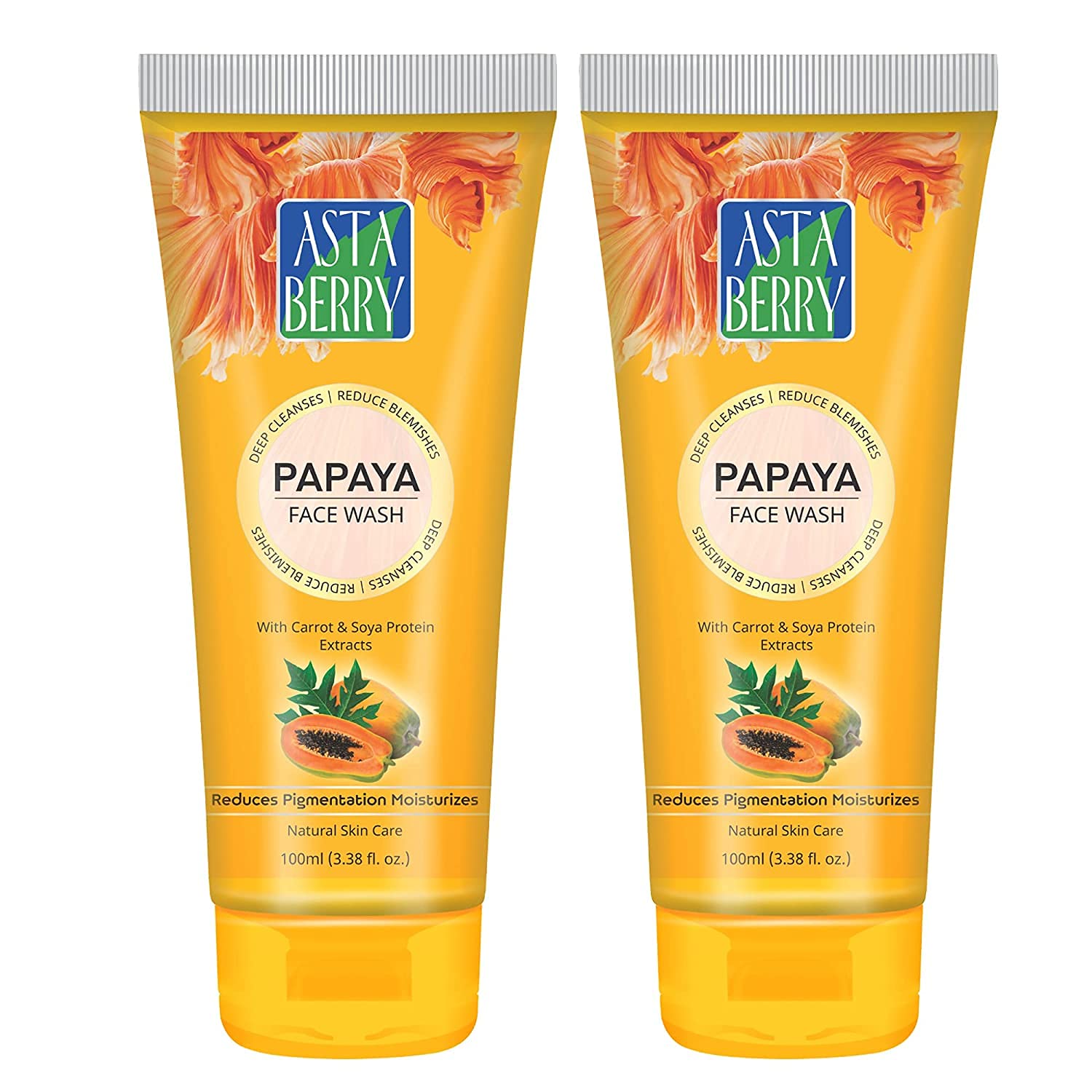 ASTABERRYPapaya Face Wash, Prevent Blemishes & Reduce Pigmentation, Goodness of Carrot & Soya Protein Extract Pack of 2, 100ml (2 x 100ml) -