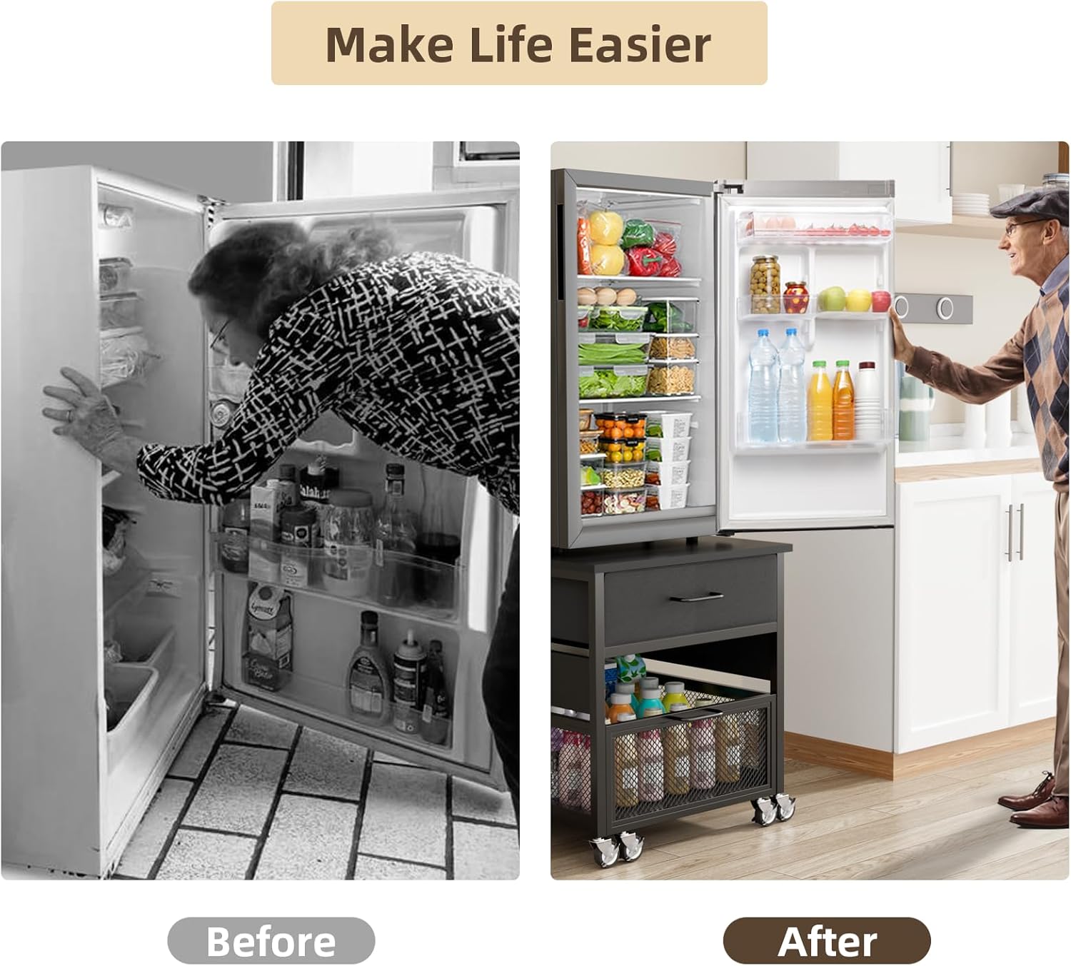 VOWNER Mini Fridge Stand with Storage, Heavy Duty Small Refrigerator Stand Cart with Power Outlets, with Drawer and Lockable Wheels, 19.7x19.7in Tabletop for Dorm Apartment Office, Black