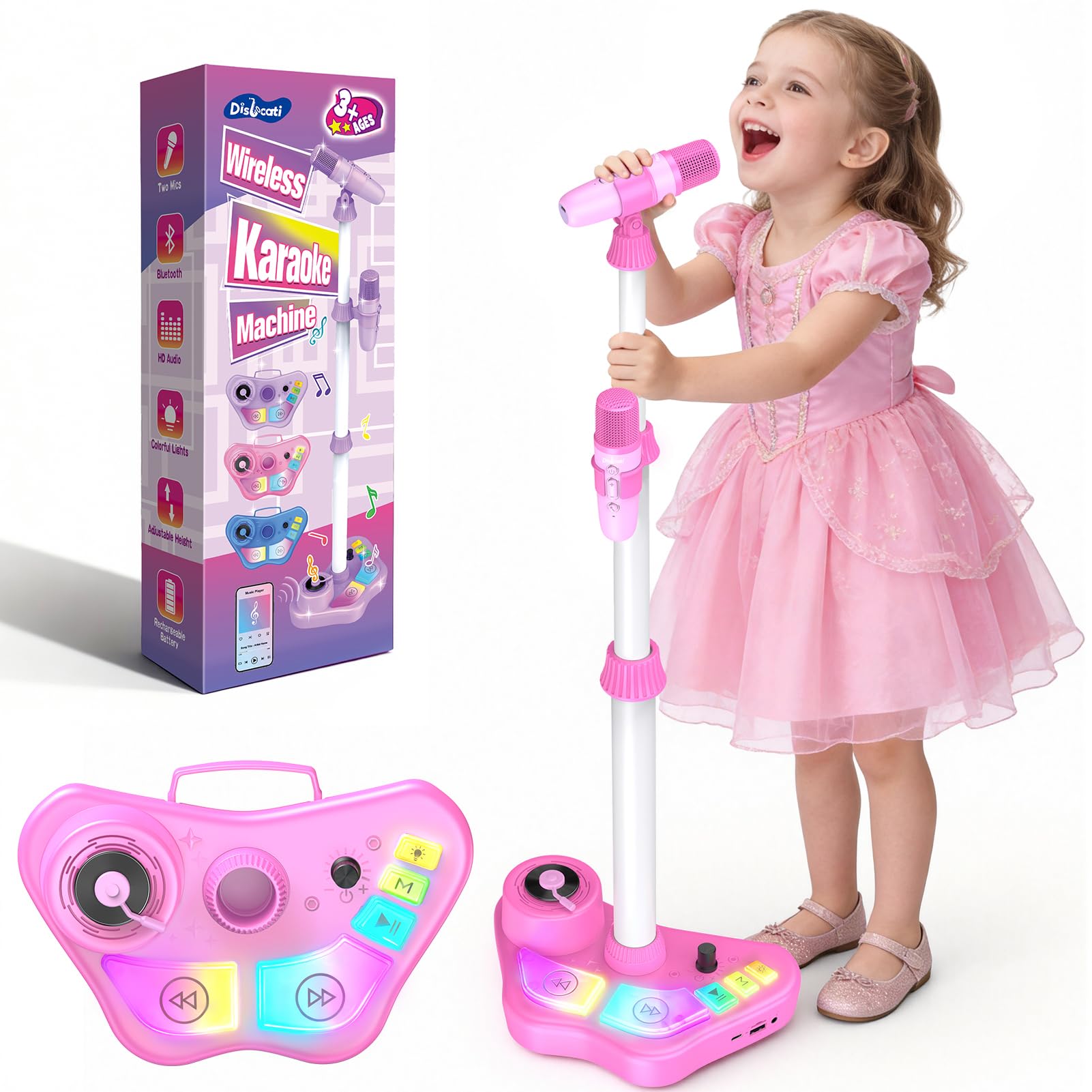 Karaoke Maschine und 2 Mikrofon Kinder mit Verstellbarer Ständer, Geschenk Spielzeug für Mädchen 3-12 Jahre Karaoke Microphone Set mit Bluetooth-/TF-Karten-/USB-/AUX-Unterstützung Oster Geschenke