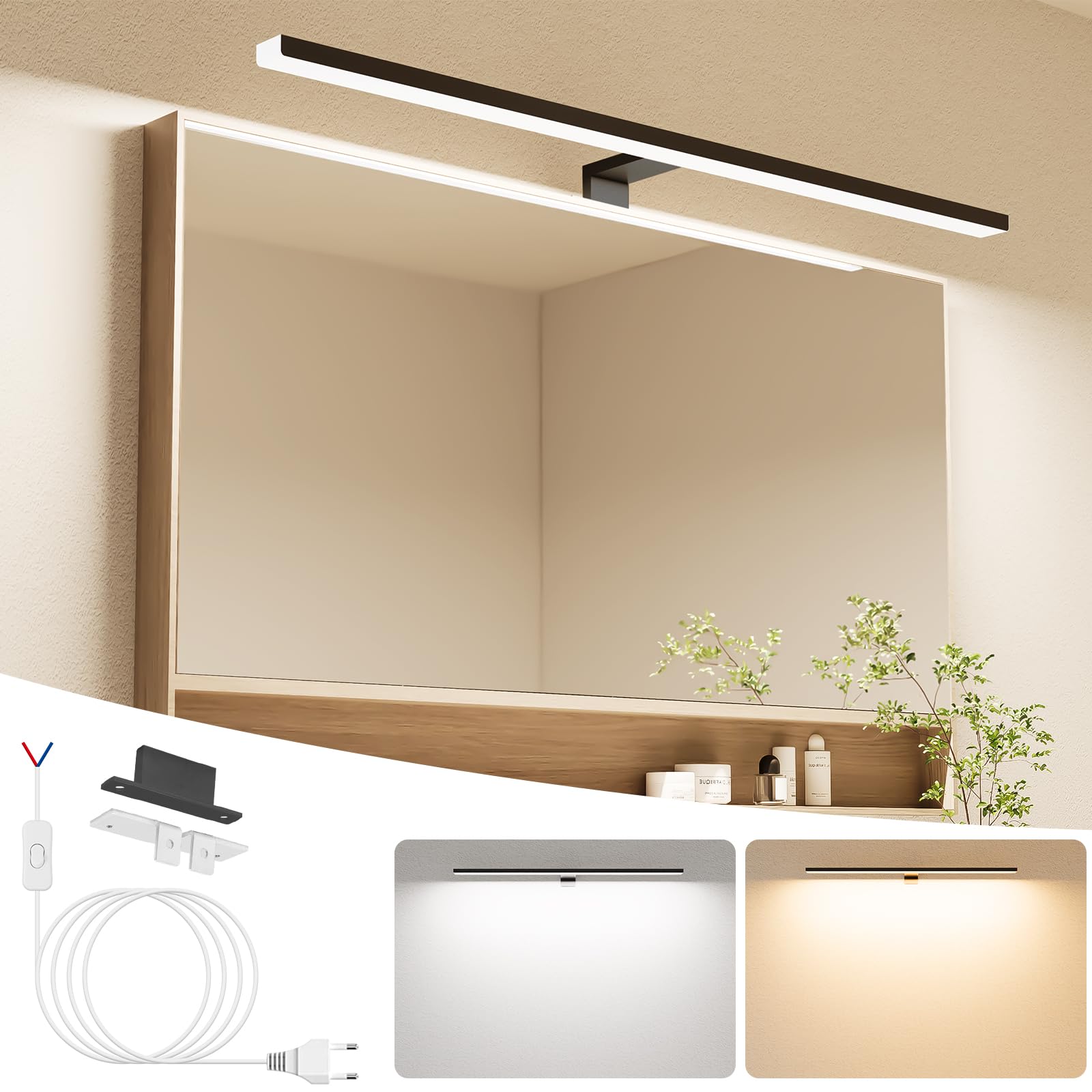 NIORSUN Spiegelleuchte Bad LED 18W 80cm, Zweifarbige Temperatur 4000K 6000K, 2000LM, IP44 Wasserdicht Badezimmer Lampe Wand, für Wandbeleuchtung und Spiegel Beleuchtung, Spiegellampe Badezimmer