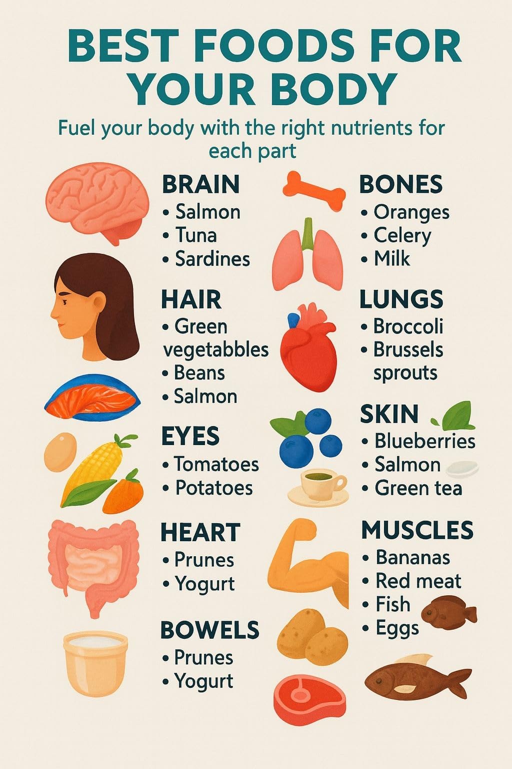 FOPURE Human Body Organ Nutrition Chart - Educational Poster on Best Foods for Heart, Brain, Lungs, Eyes, Digestive System, Science Classroom Decor(Framed,08x12inch(20x30cm))