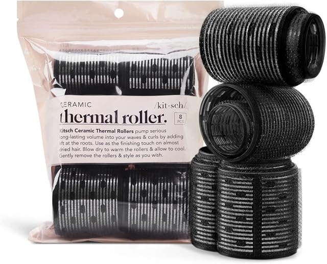 Kitsch Ceramic Hair Rollers, Self Grip Thermal Hair Rollers, Hair Curlers, 8 Pcs (Black)