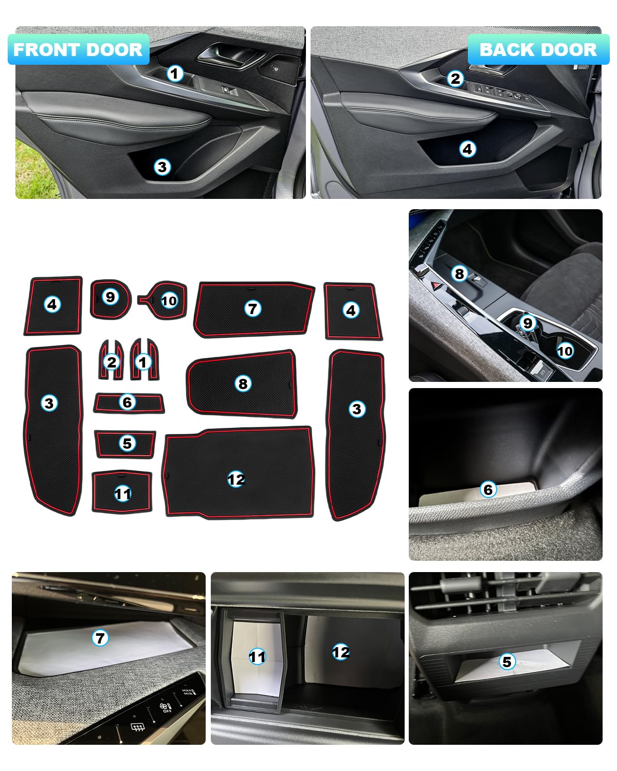 CDEFG Compatibile con Peugeot e-3008 e3008 2024 2025 Tappetini in Gomma per Console Centrale Antiscivolo e 3008 Tappetino Antiscivolo in Gomma per Auto e-3008 GT Allure 2024 Accessori (Rosso)