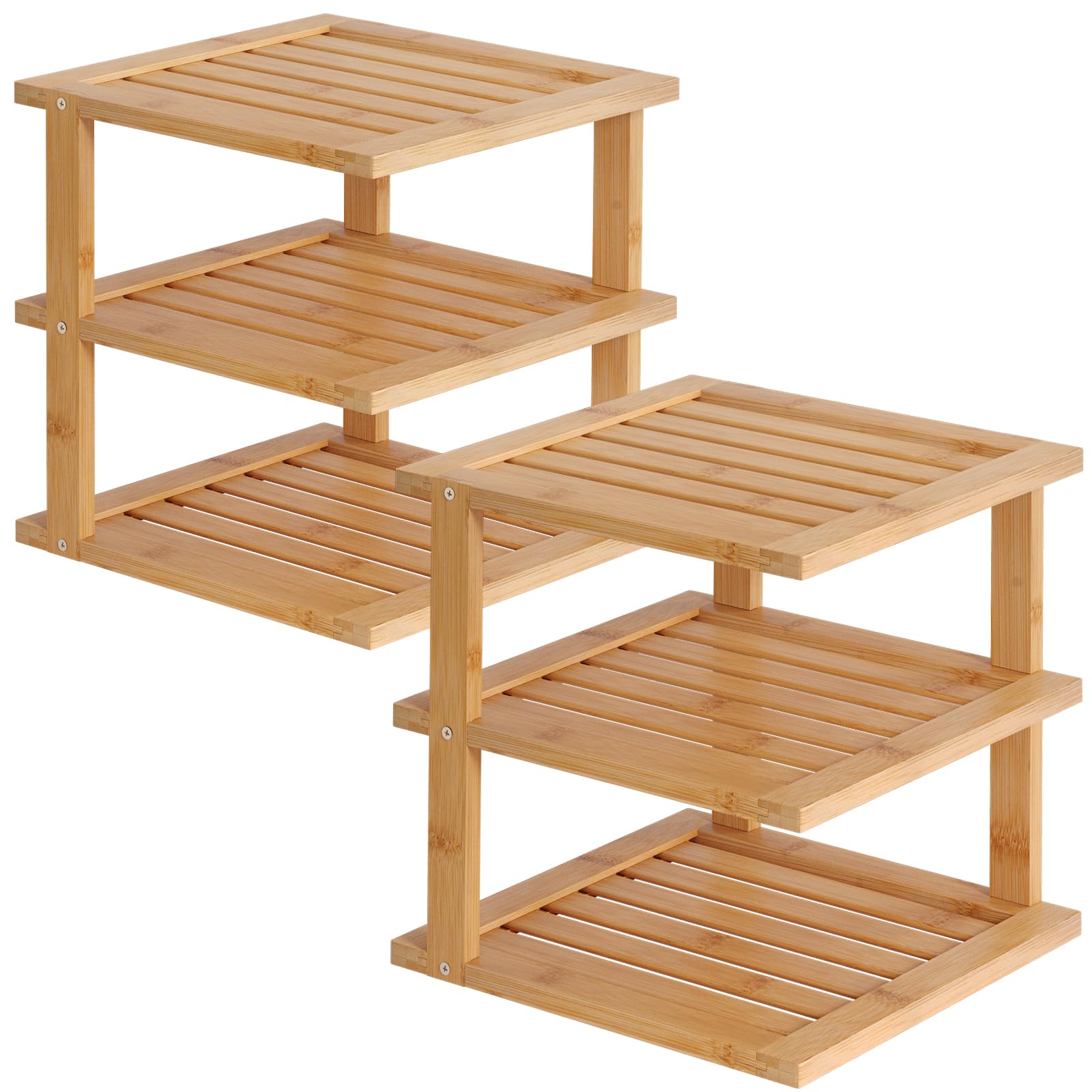 Danfoxer 2 Pack Bamboo Corner Shelf,3 Tier Kitchen Cabinet Organizer for Plates and Dishes,Pantry Storage and Spice Rack（Natural）