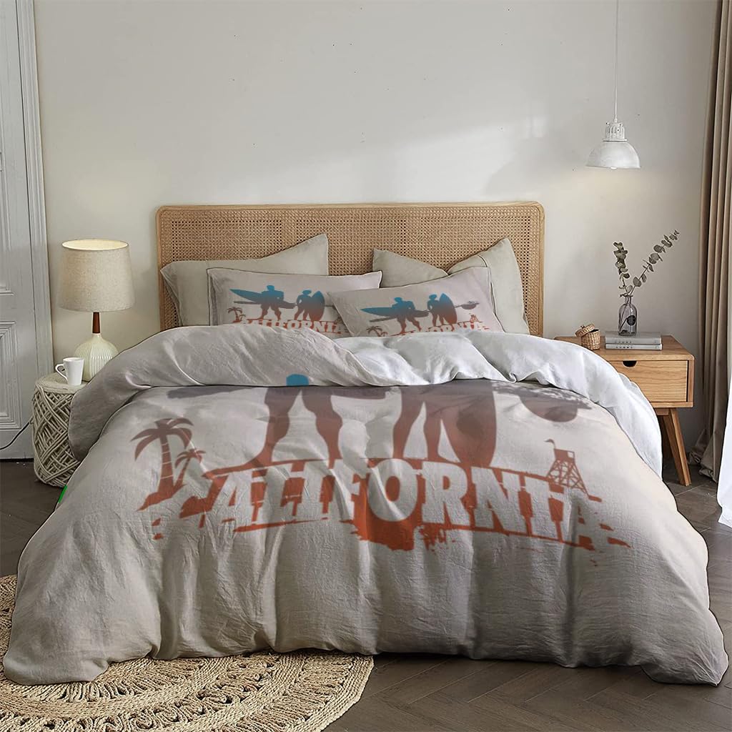 NIBAINLO 布団カバーサーフボードを持った女性と男性のポーズをとったヴィンテージサーフィンテーマ 肌に優しい ピーチスキン加工 掛け布団カバー 和式 洋式 あったか 布団カバーセット リバーシブル ホームステイ ホテル 家庭兼用