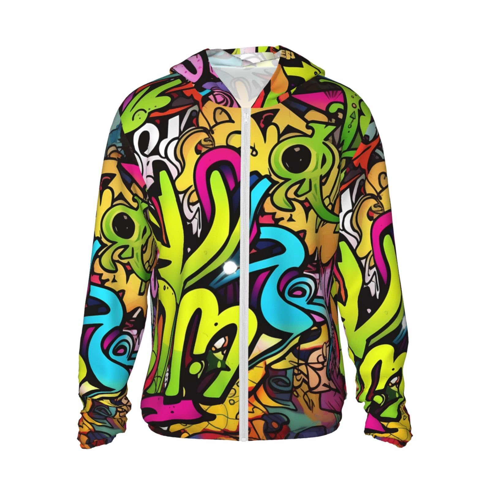 UPF 50+ Light Jacket Full Zip Sun Protection Hoodie for Women Men Long Sleeve Graffiti Drawing Sun Shirts Black
