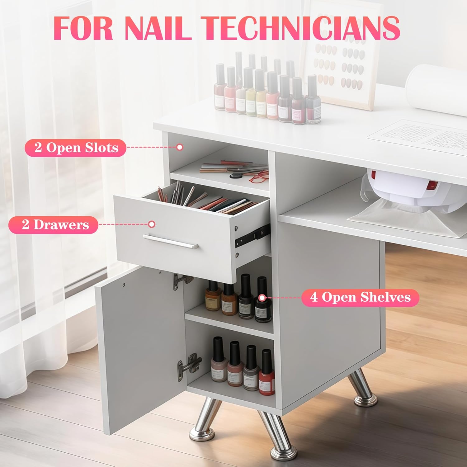 Manicure Table Nail Desk with Storage, Professional Nail Tech Desk,with Upholstered Leather Cabinets, Crystal Tufted Modern Nail Salon Desk Table for Beauty Studio