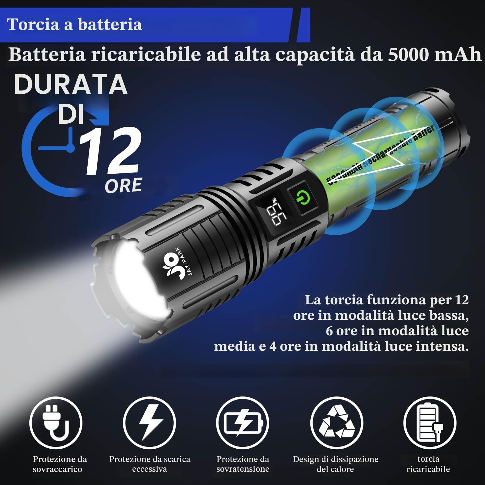 JAY-PARK Torcia LED Potente Professionale 1000000 Lumen, Torcia LED Ricaricabile con Batteria 5000 mAh, Torcia Potente con 5 Modalità, Zoomabile, Impermeabile IPX7 Per Campeggio, Escursioni, Emergenze