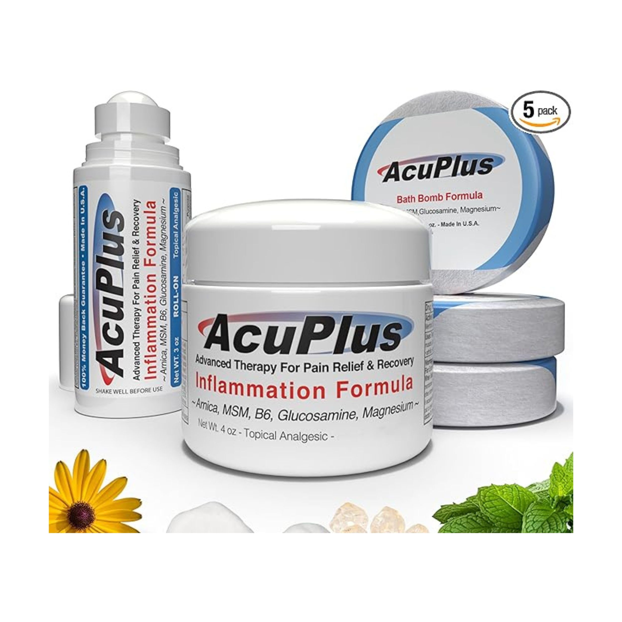 AcuPlus - Advanced Pain Relief Anti Inflammatory Cream, Roll On, & Bath Bombs for Sore Muscles & Joints - Arthritis, Bursitis, & Tendonitis - 4 oz. Jar, 3 fl. oz. Roll On, & 4.5 oz. Bath Bombs (3 Pk)