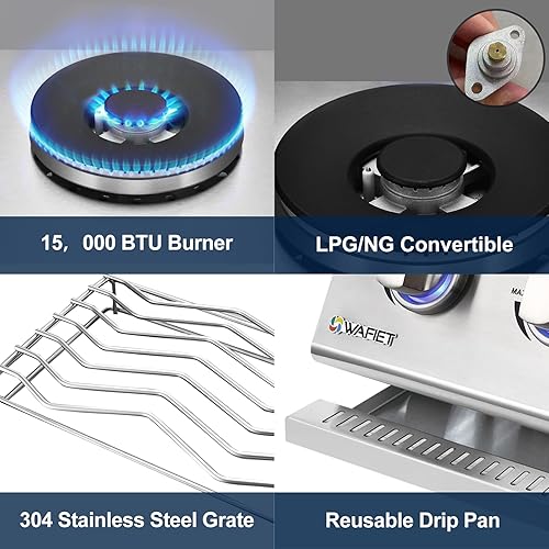 Miniatura 4 de WAFIET - Quemadores laterales de doble parrilla integrados con tapa para isla de barbacoa de cocina al aire libre acero inoxidable 304 propano