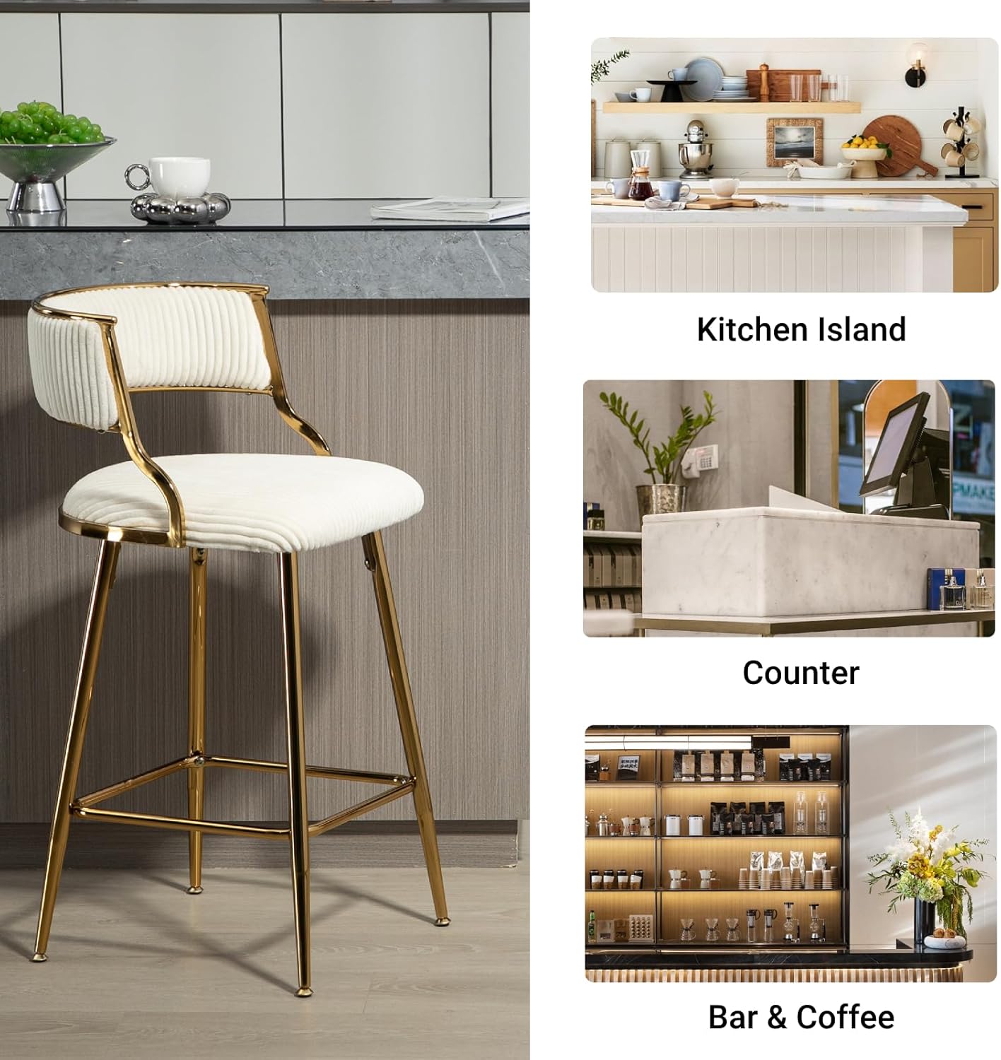 Modern Bar Stools Set of 2 Stool Kitchen Island Stool withBackrest Corduroy Upholstered Bar Chairs with Footrest Sturdy Golden Metal Frame (Beige)