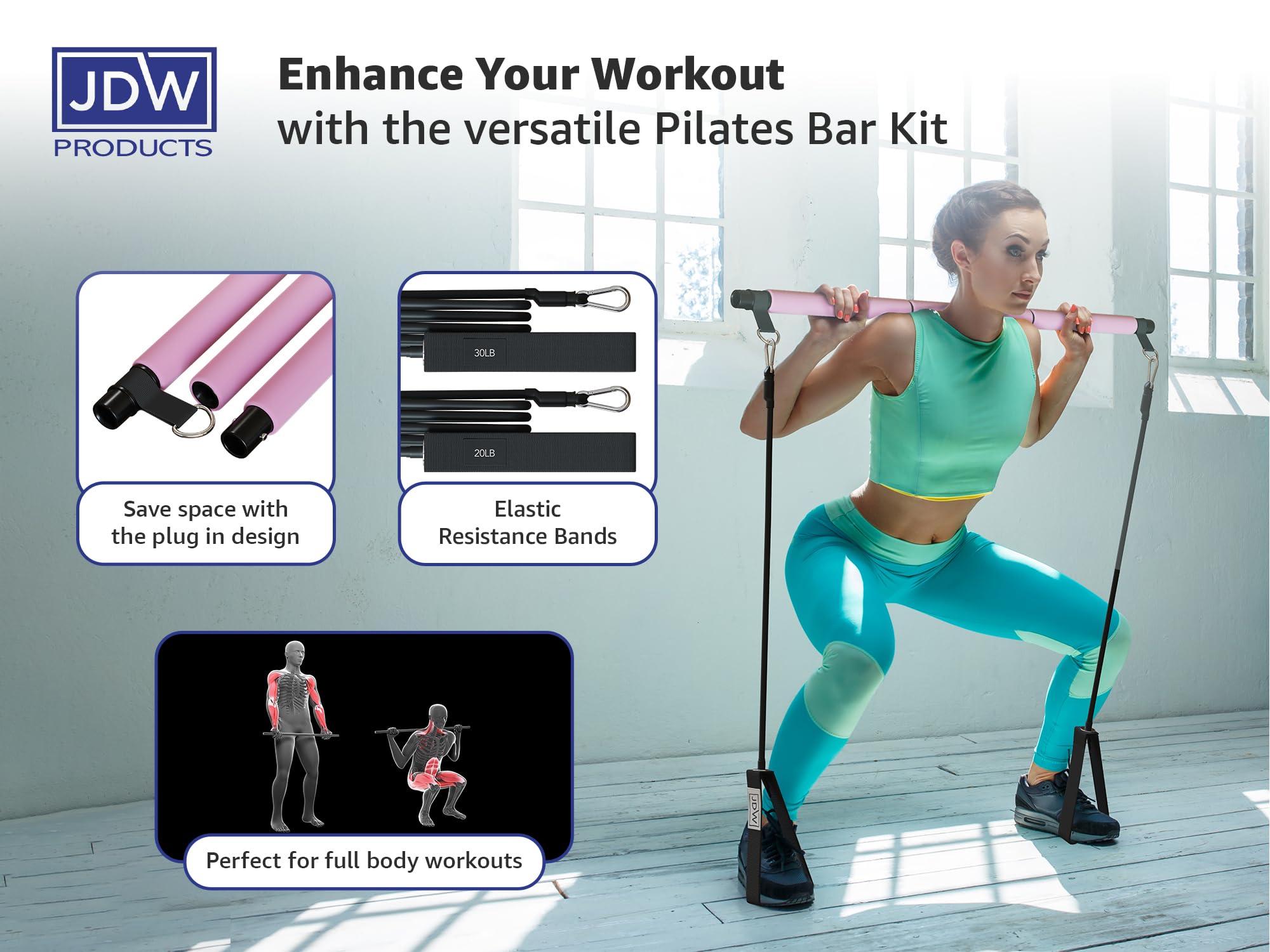 JDW Enterprises zestaw do pilatesu, 2 standardowe i 2 mocne paski do treningu całego ciała, torba do przechowywania, sprzęt fitness do domowej siłowni, jogi